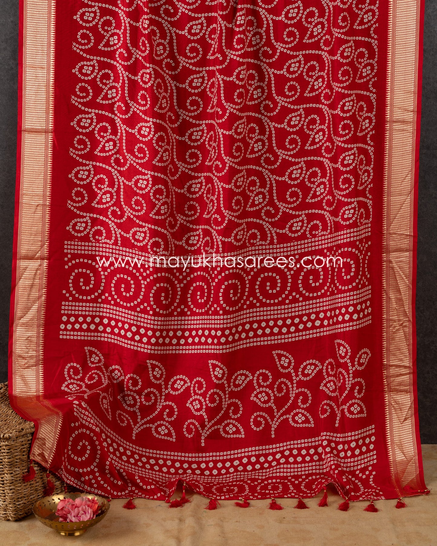 Red Munga Silk Saree with Bandini Prints with Banarasi Inspired borders and Stitched Blouse in Size 38 44