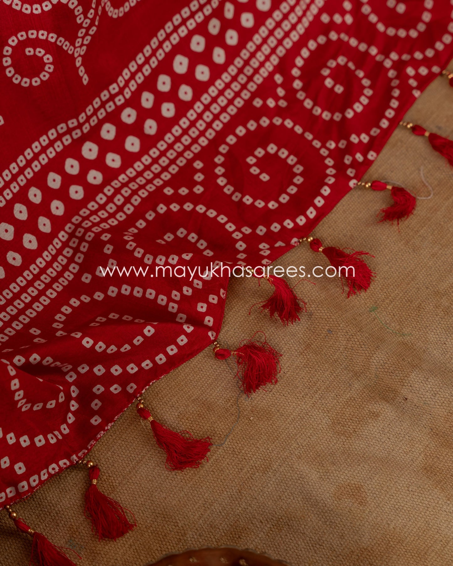 Red Munga Silk Saree with Bandini Prints with Banarasi Inspired borders and Stitched Blouse in Size 38 44