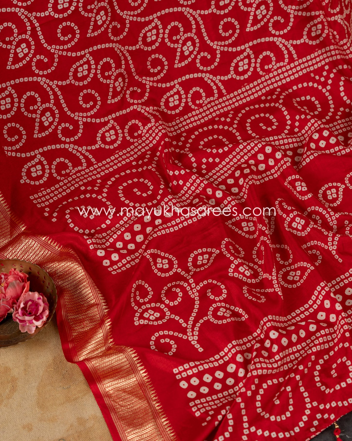 Red Munga Silk Saree with Bandini Prints with Banarasi Inspired borders and Stitched Blouse in Size 38 44