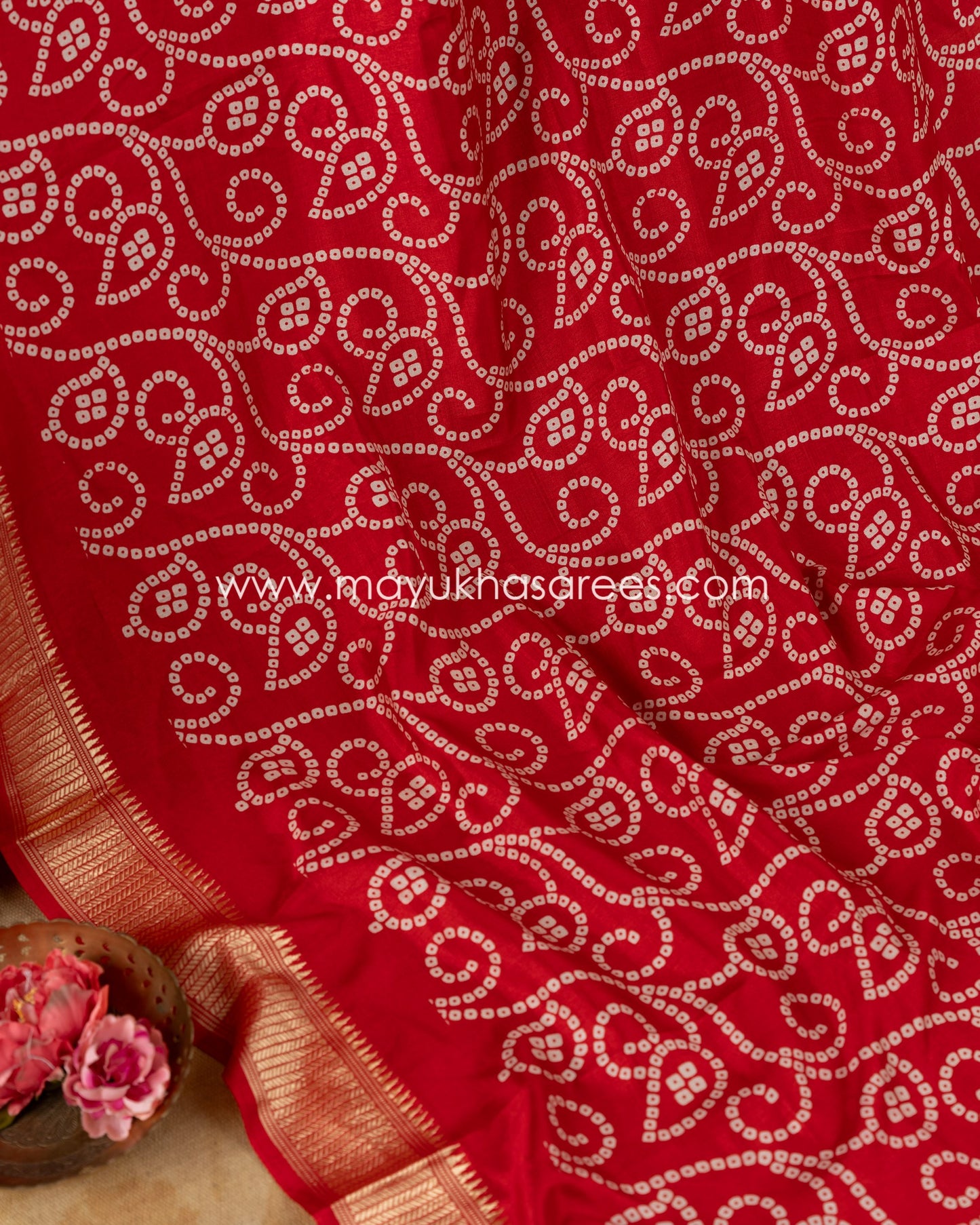 Red Munga Silk Saree with Bandini Prints with Banarasi Inspired borders and Stitched Blouse in Size 38 44