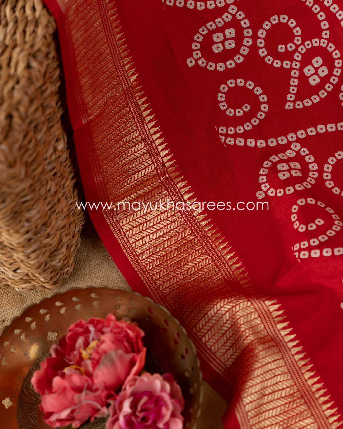 Red Munga Silk Saree with Bandini Prints with Banarasi Inspired borders and Stitched Blouse in Size 38 44