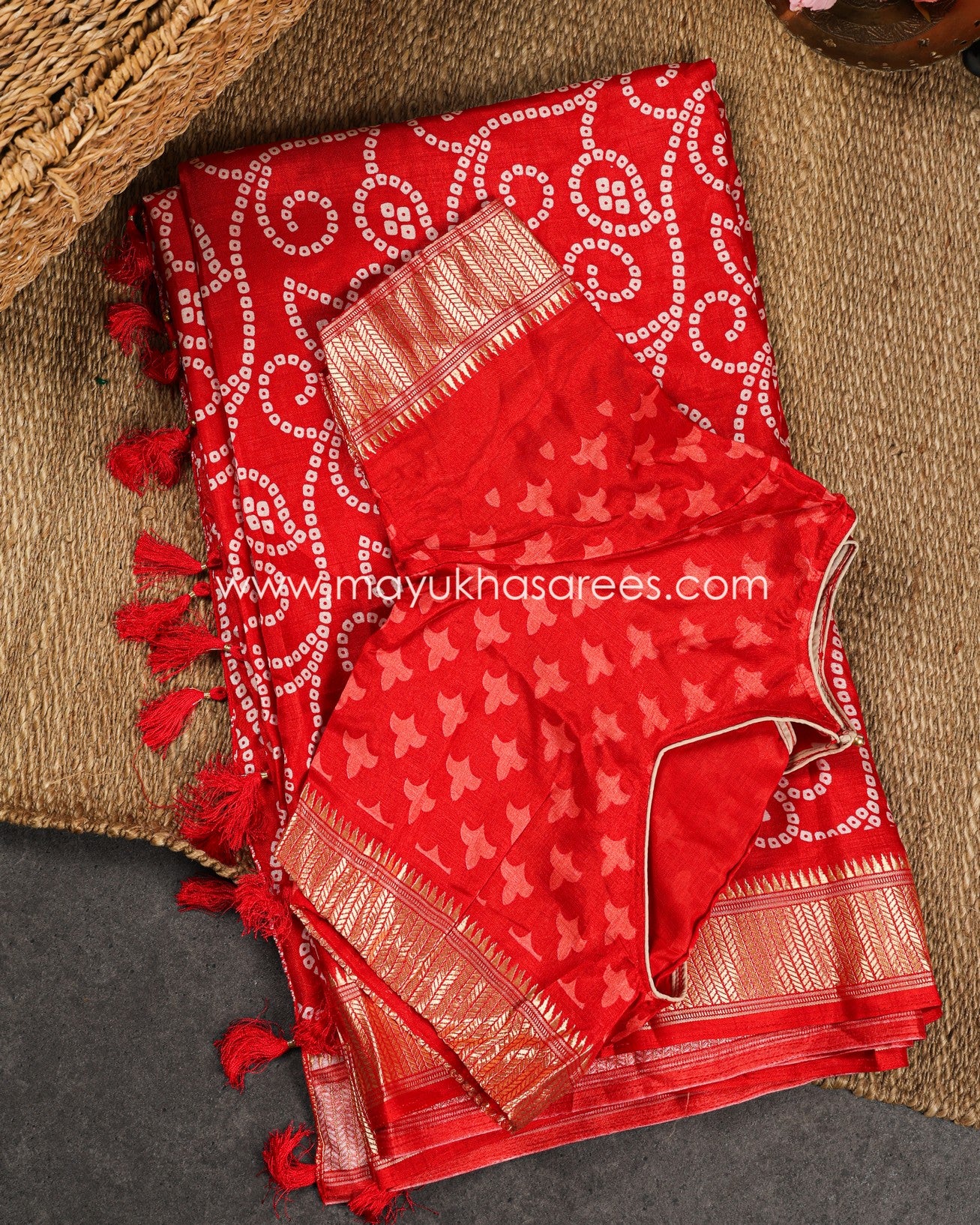 Red Munga Silk Saree with Bandini Prints with Banarasi Inspired borders and Stitched Blouse in Size 38 44
