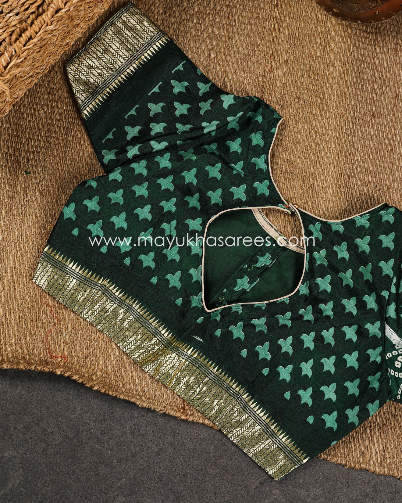 Dark Green Munga Silk Saree with Bandini Prints with Banarasi Inspired borders and Stitched Blouse in Size 38 44