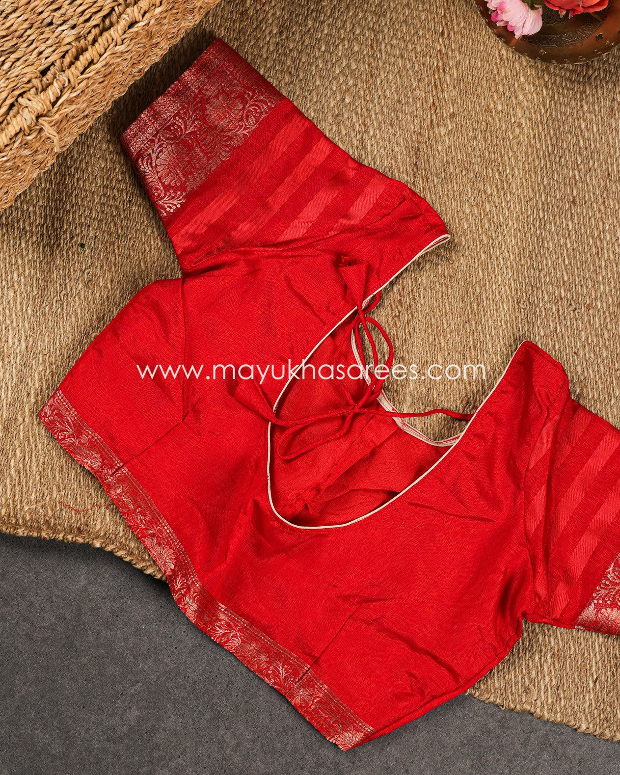 Paisley Prints on Red Munga Silk Saree with Kanchipuram Inspired gap borders and Stitched Blouse in Size 38 44