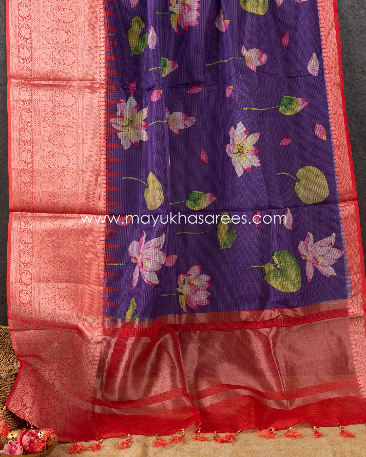 Purple & Red Light weight Lotus Printed Kota silk sarees with Banarasi Borders and Floral Printed Blouse in Size 38 44