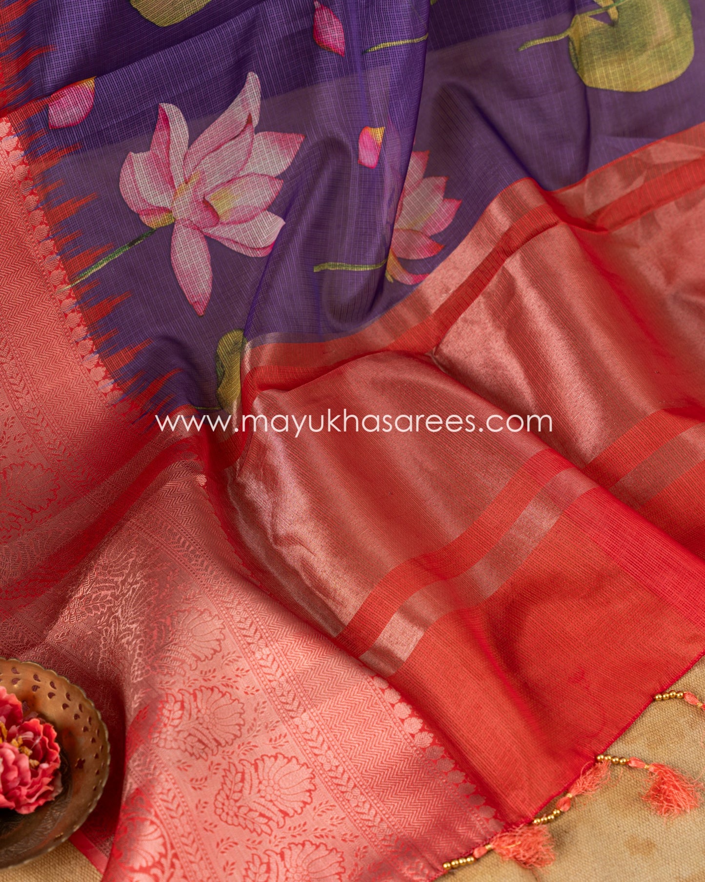 Purple & Red Light weight Lotus Printed Kota silk sarees with Banarasi Borders and Floral Printed Blouse in Size 38 44
