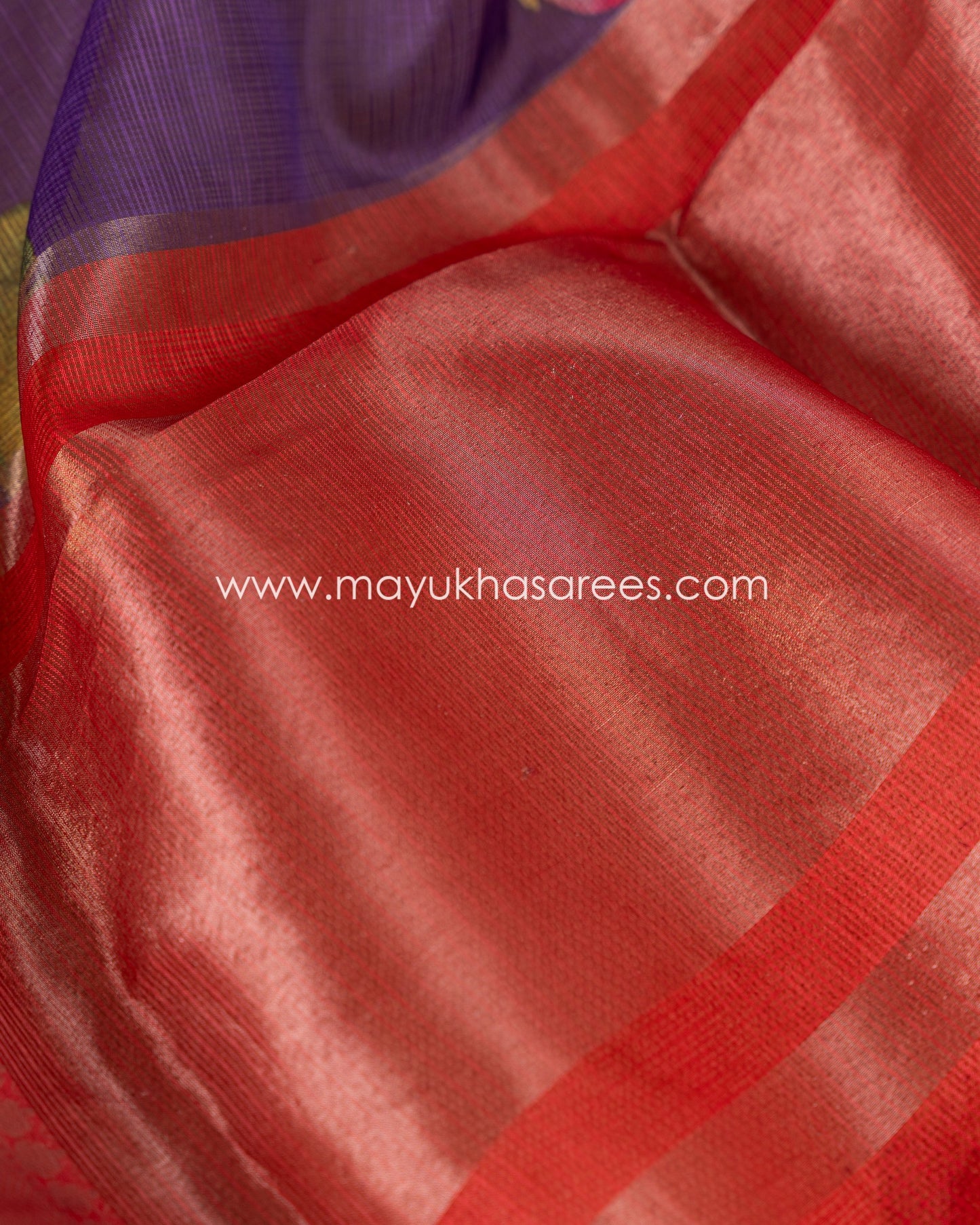 Purple & Red Light weight Lotus Printed Kota silk sarees with Banarasi Borders and Floral Printed Blouse in Size 38 44
