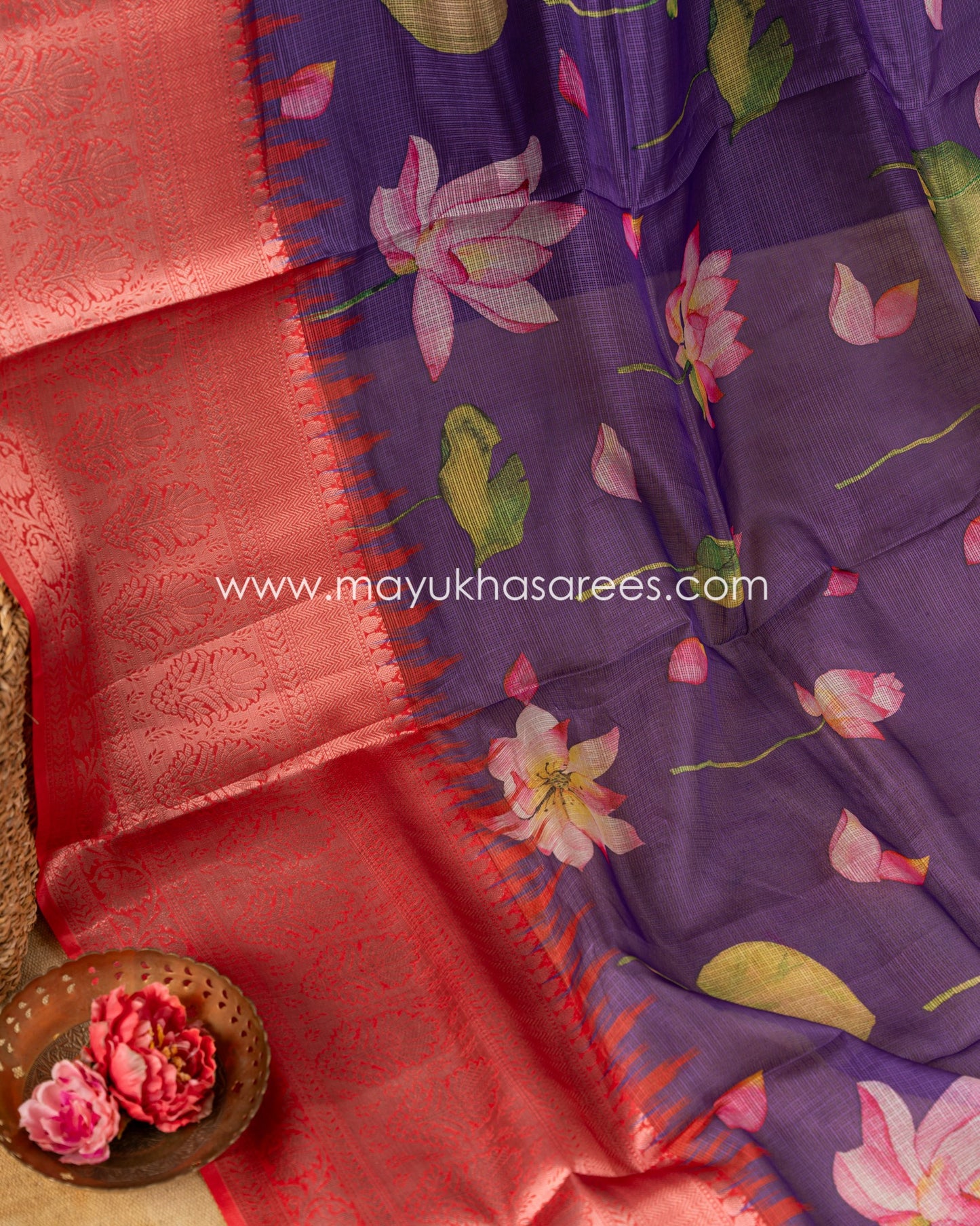 Purple & Red Light weight Lotus Printed Kota silk sarees with Banarasi Borders and Floral Printed Blouse in Size 38 44