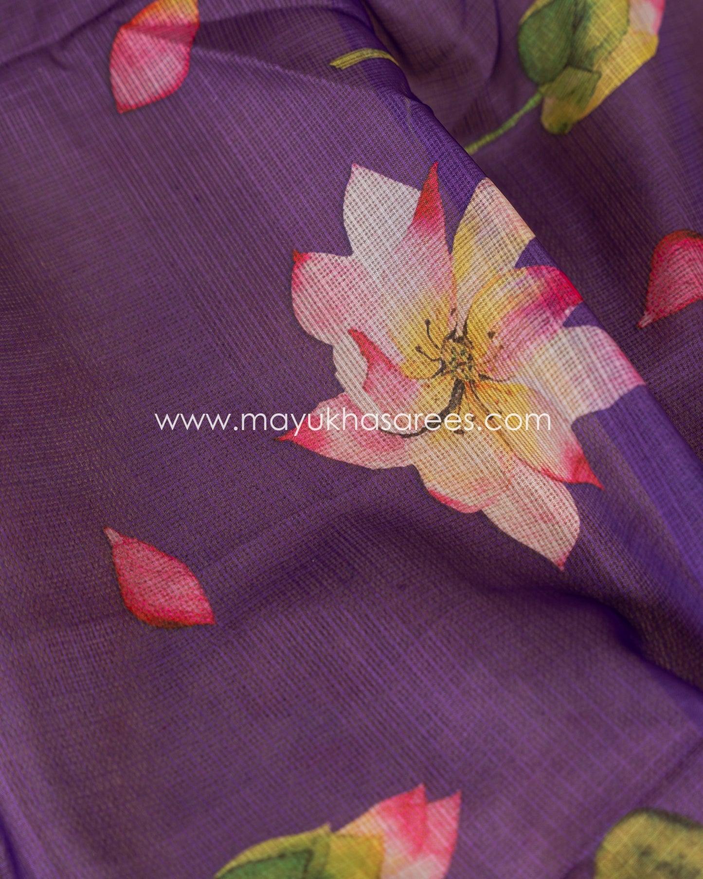 Purple & Red Light weight Lotus Printed Kota silk sarees with Banarasi Borders and Floral Printed Blouse in Size 38 44