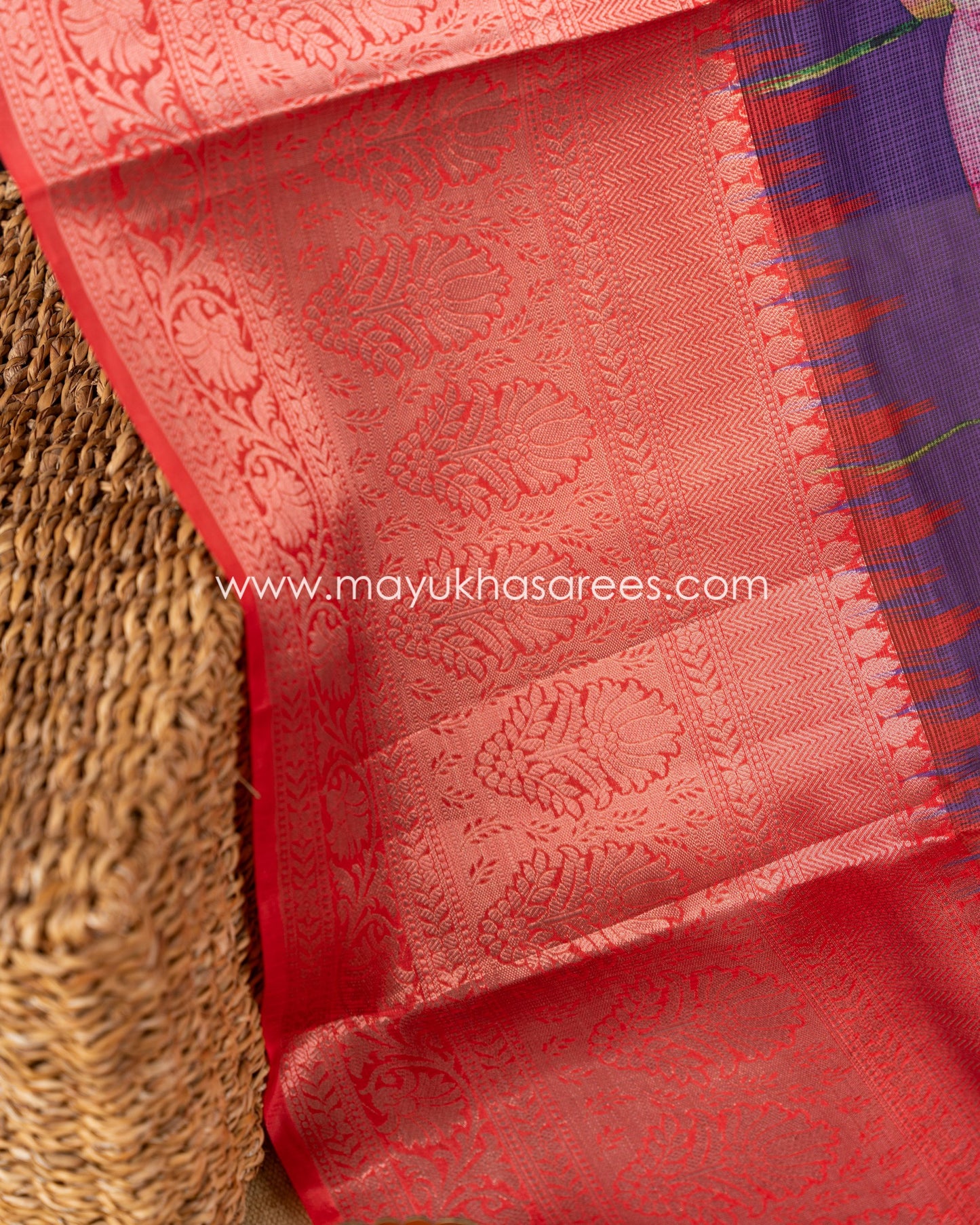Purple & Red Light weight Lotus Printed Kota silk sarees with Banarasi Borders and Floral Printed Blouse in Size 38 44