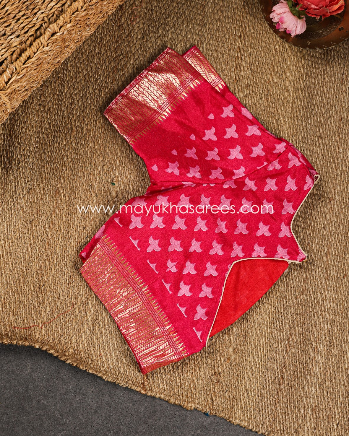 Pink Munga Silk Saree with Bandini Prints with Banarasi Inspired borders and Stitched Blouse in Size 38 44