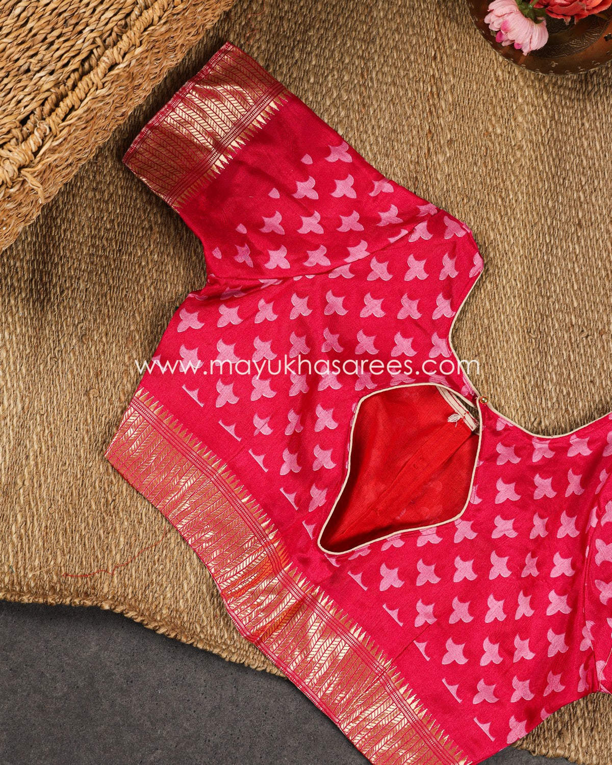 Pink Munga Silk Saree with Bandini Prints with Banarasi Inspired borders and Stitched Blouse in Size 38 44