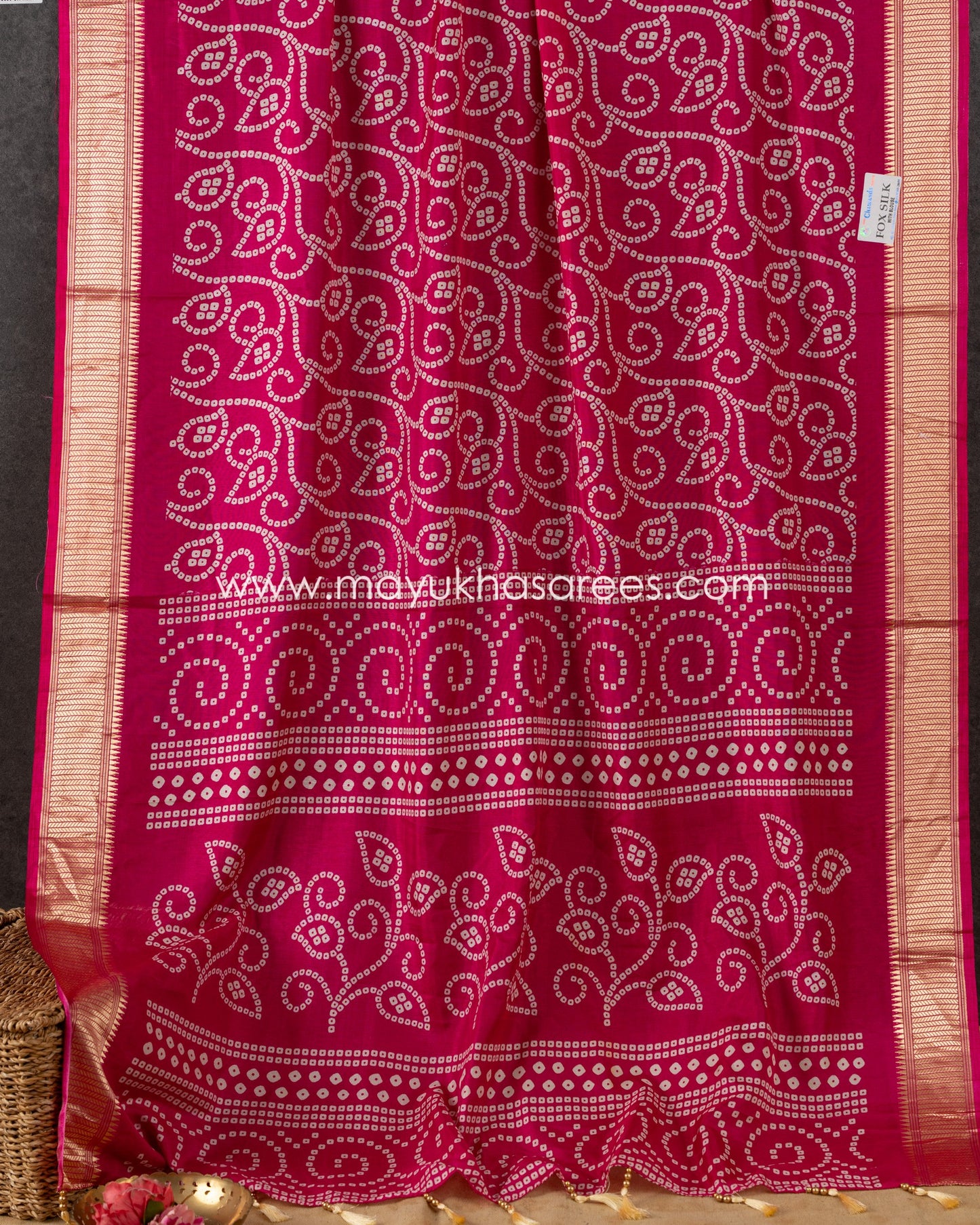 Pink Munga Silk Saree with Bandini Prints with Banarasi Inspired borders and Stitched Blouse in Size 38 44