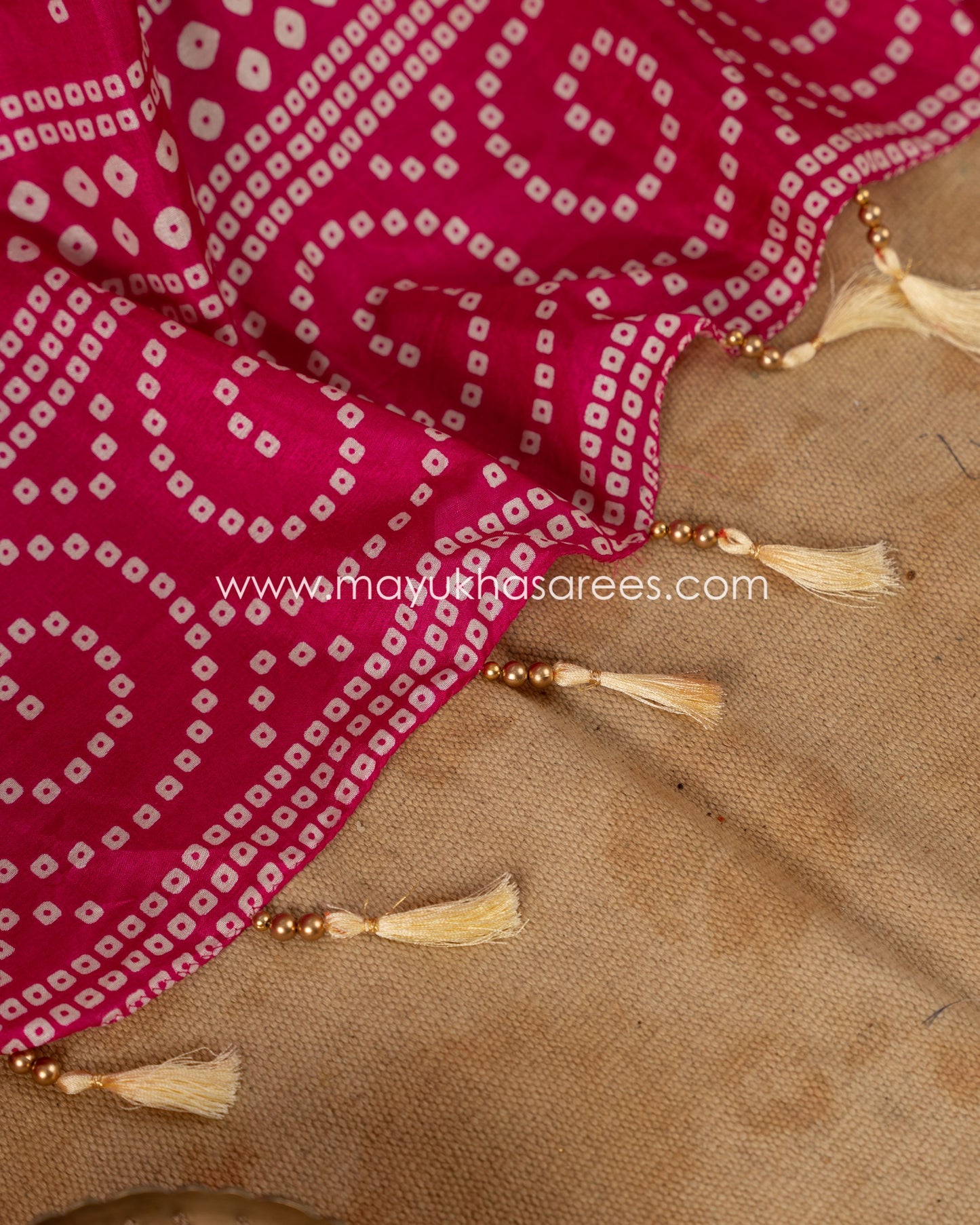 Pink Munga Silk Saree with Bandini Prints with Banarasi Inspired borders and Stitched Blouse in Size 38 44