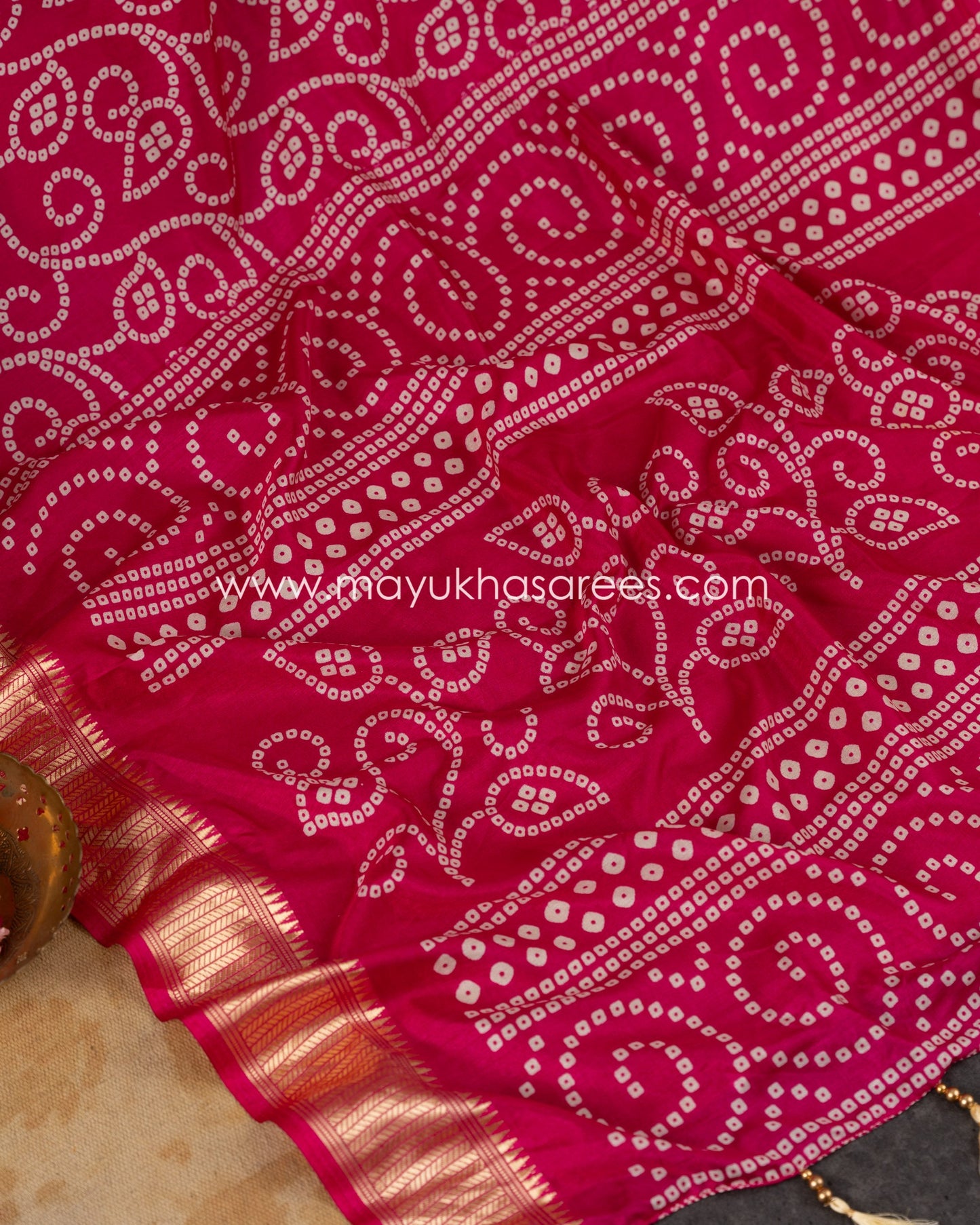 Pink Munga Silk Saree with Bandini Prints with Banarasi Inspired borders and Stitched Blouse in Size 38 44