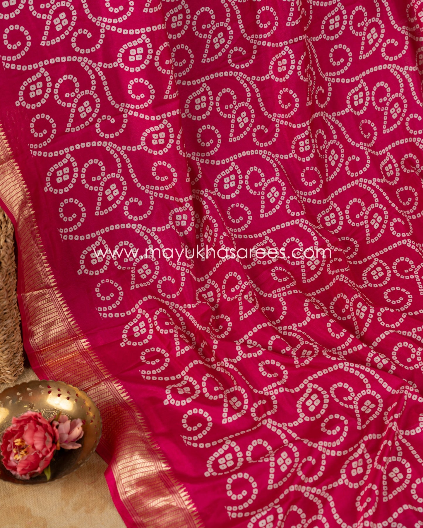 Pink Munga Silk Saree with Bandini Prints with Banarasi Inspired borders and Stitched Blouse in Size 38 44