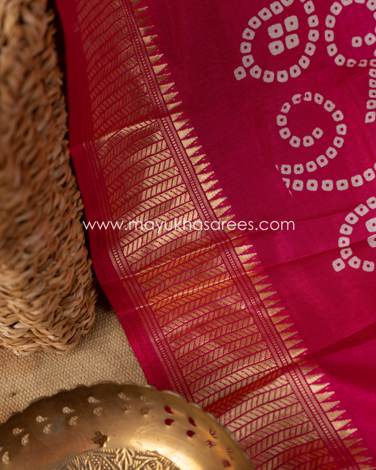 Pink Munga Silk Saree with Bandini Prints with Banarasi Inspired borders and Stitched Blouse in Size 38 44