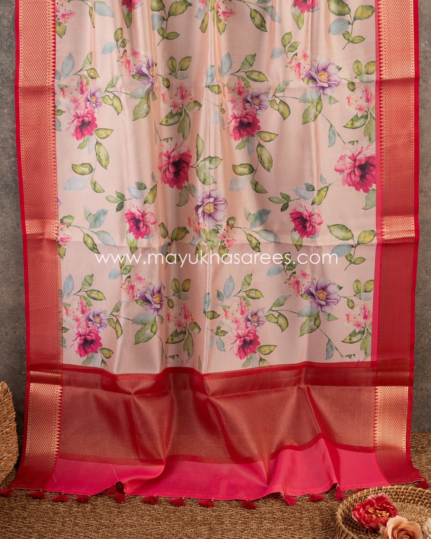 Eternal Blossoms Saree: Tassar Banarasi Blend With Floral Prints, Free Shipping! And Stitched Blouse In Size 38-44