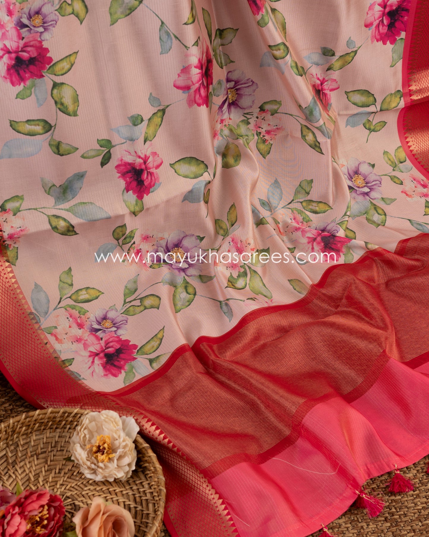 Eternal Blossoms Saree: Tassar Banarasi Blend With Floral Prints, Free Shipping! And Stitched Blouse In Size 38-44