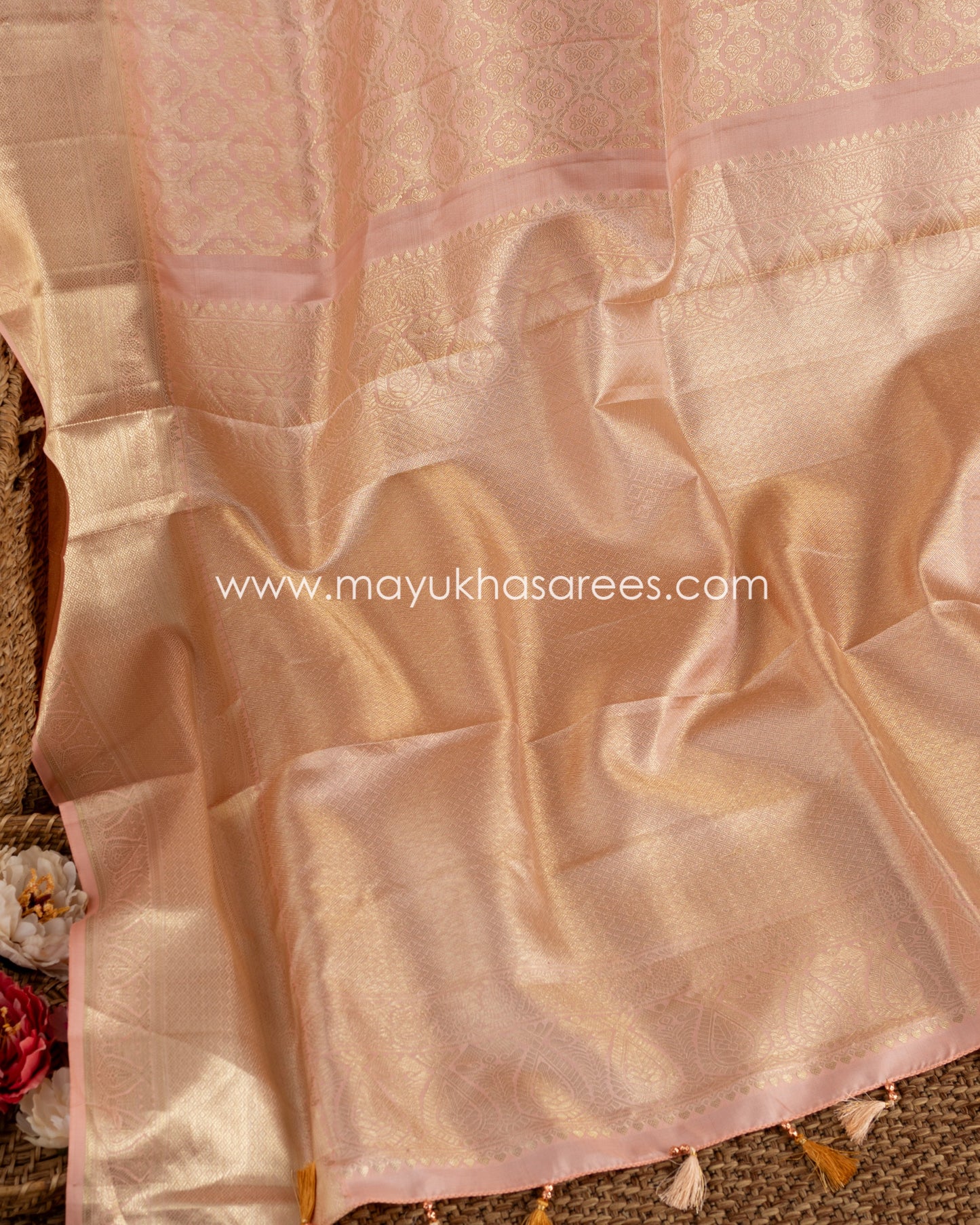 Peach Bloom: Timeless Kanchipuram Silk Saree With Free Shipping! And Stitched Blouse In Size 38-45