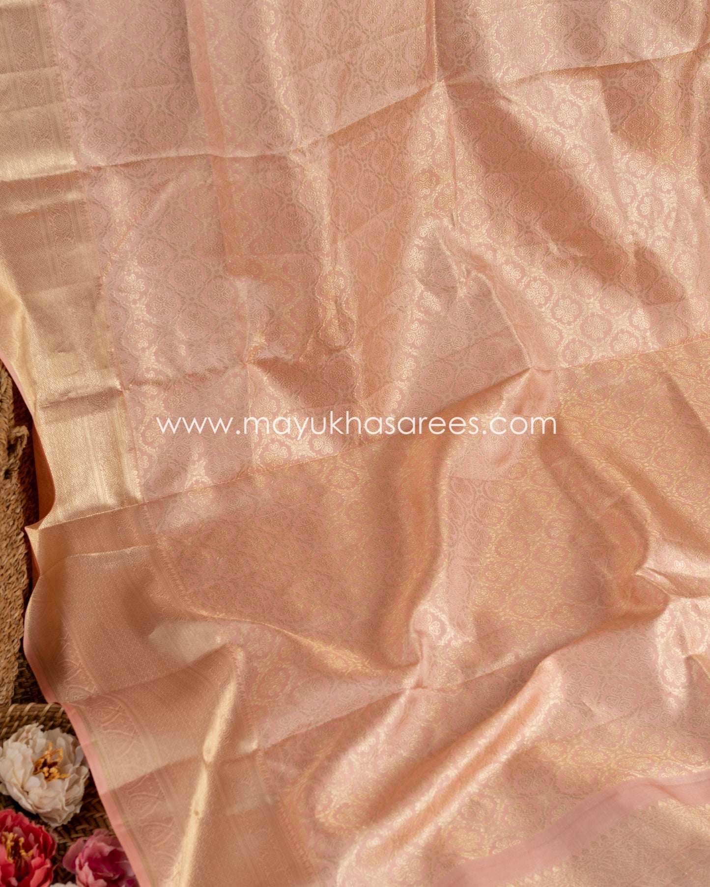 Peach Bloom: Timeless Kanchipuram Silk Saree With Free Shipping! And Stitched Blouse In Size 38-45