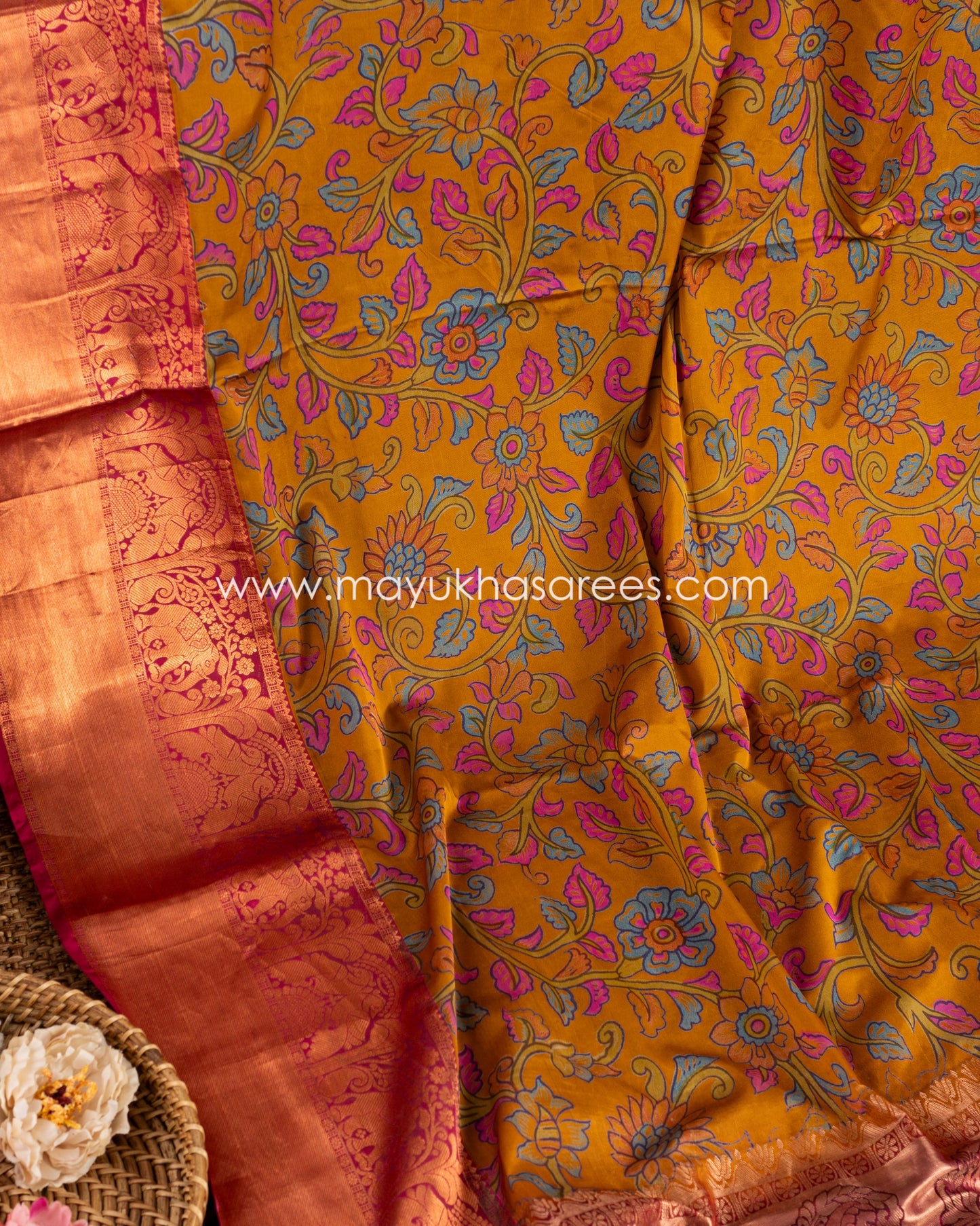 Majestic Heritage: Powerloom Kanchipuram Saree With Kalamkari Prints, Free Shipping And Stitched Blouse In Size 38-47
