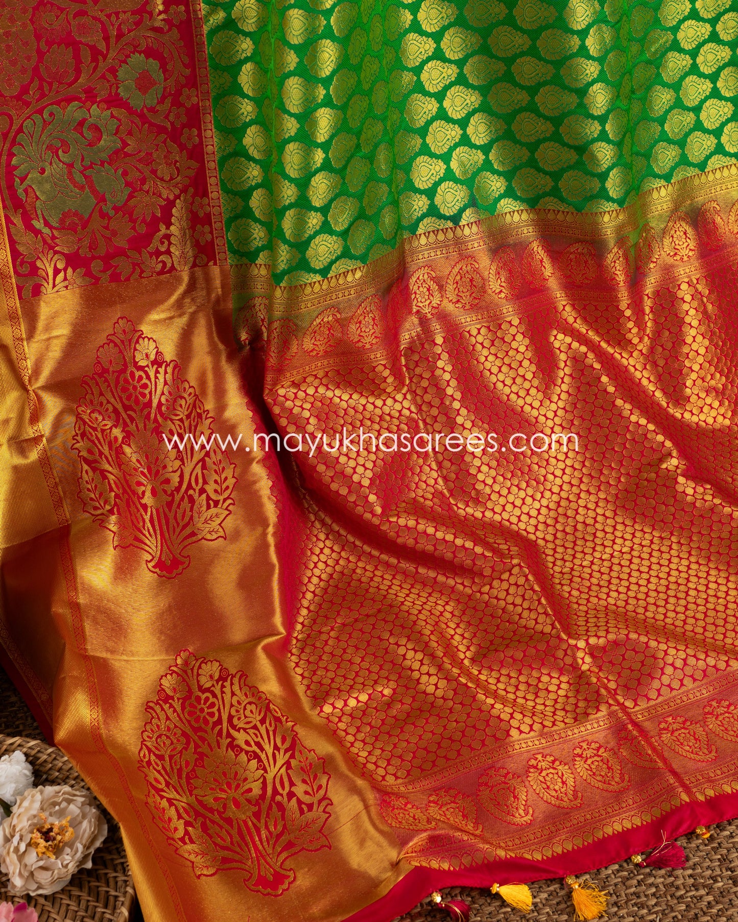Mystic Blossoms: Powerloom Brocade Kanchipuram Saree, Free Shipping! And Stitched Blouse In Size 38-54