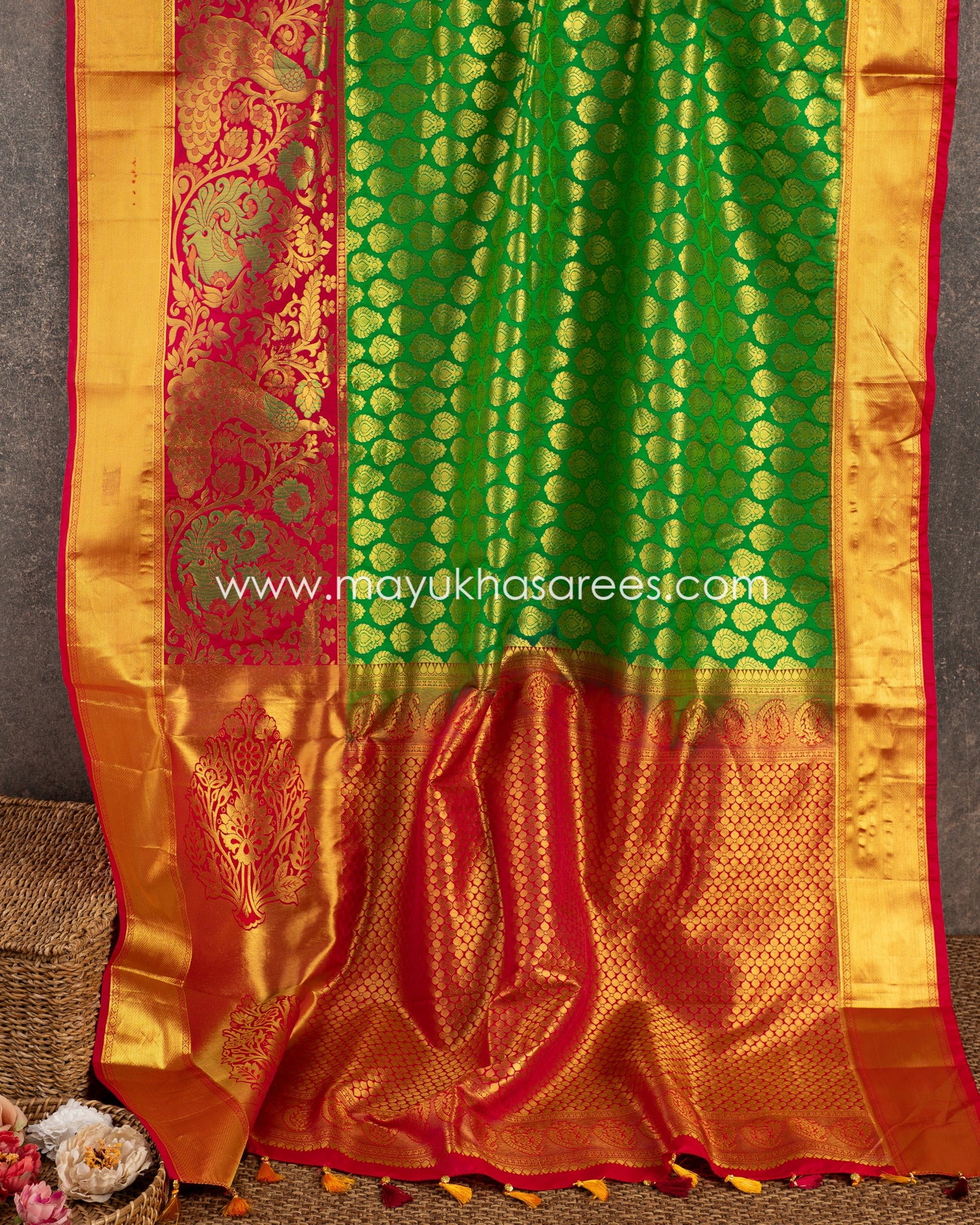 Mystic Blossoms: Powerloom Brocade Kanchipuram Saree, Free Shipping! And Stitched Blouse In Size 38-54