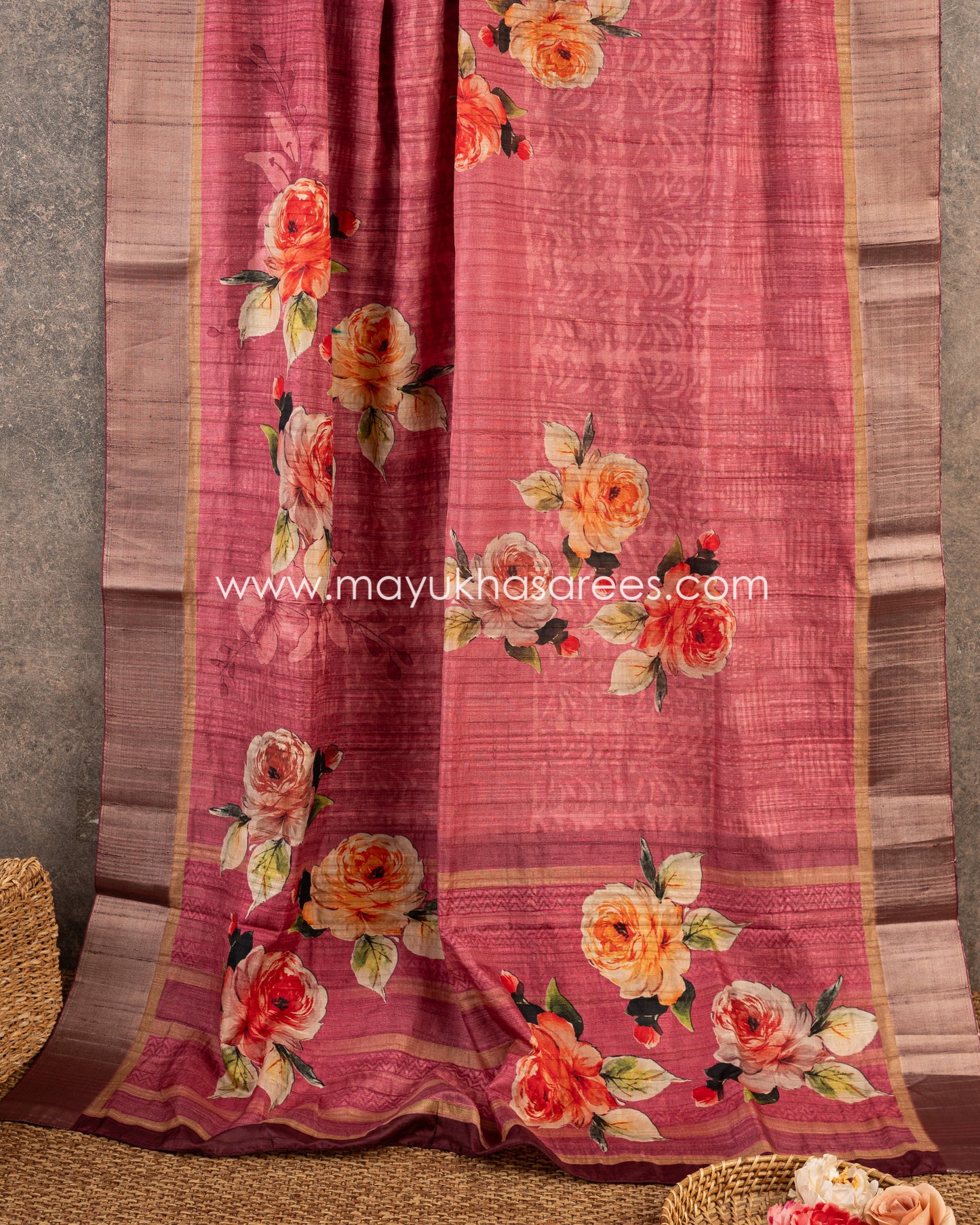 Floral Elegance: Tassar Banarasi Saree In Pink & Grey, Free Shipping! And Stitched Blouse In Size 38-60