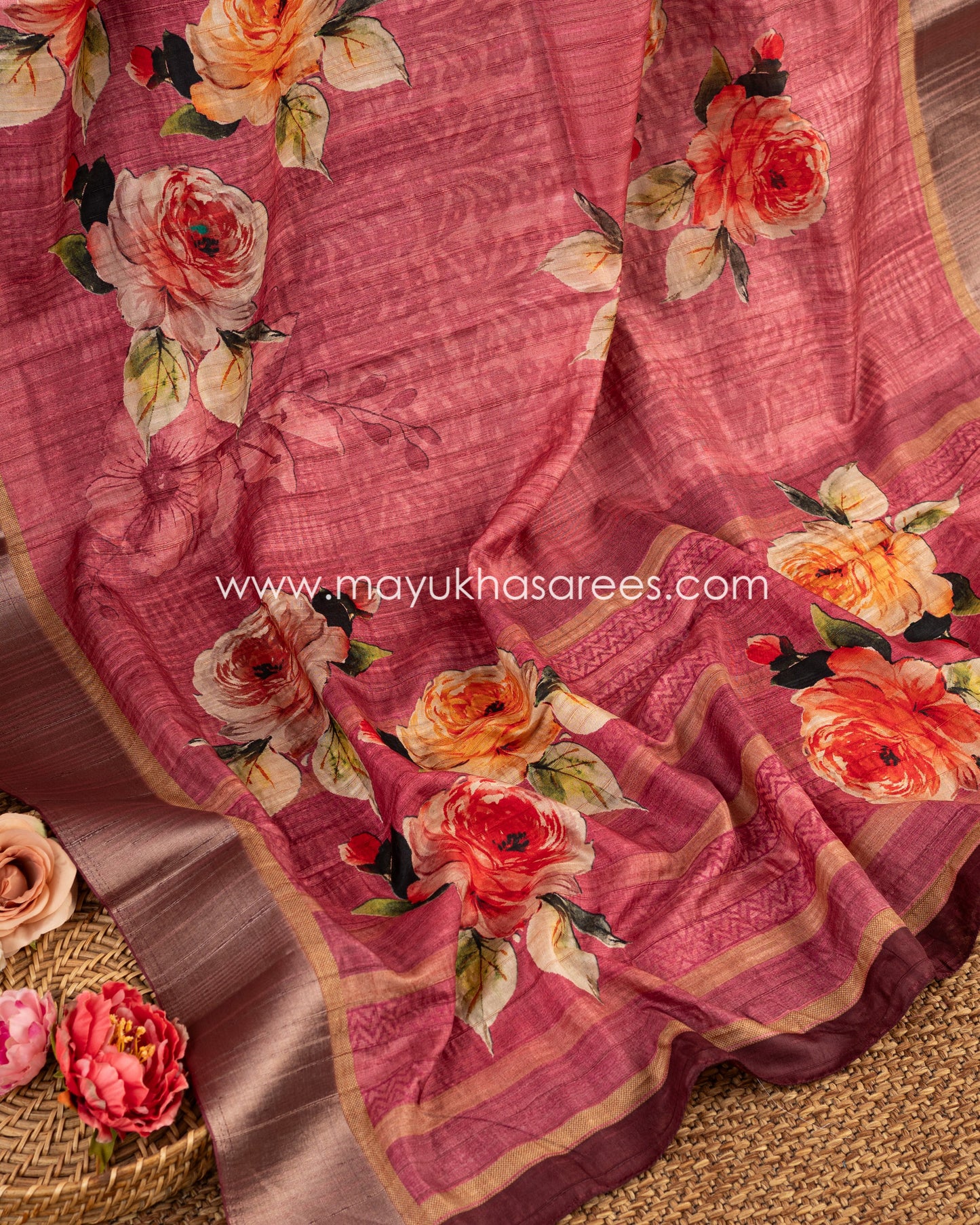 Floral Elegance: Tassar Banarasi Saree In Pink & Grey, Free Shipping! And Stitched Blouse In Size 38-60