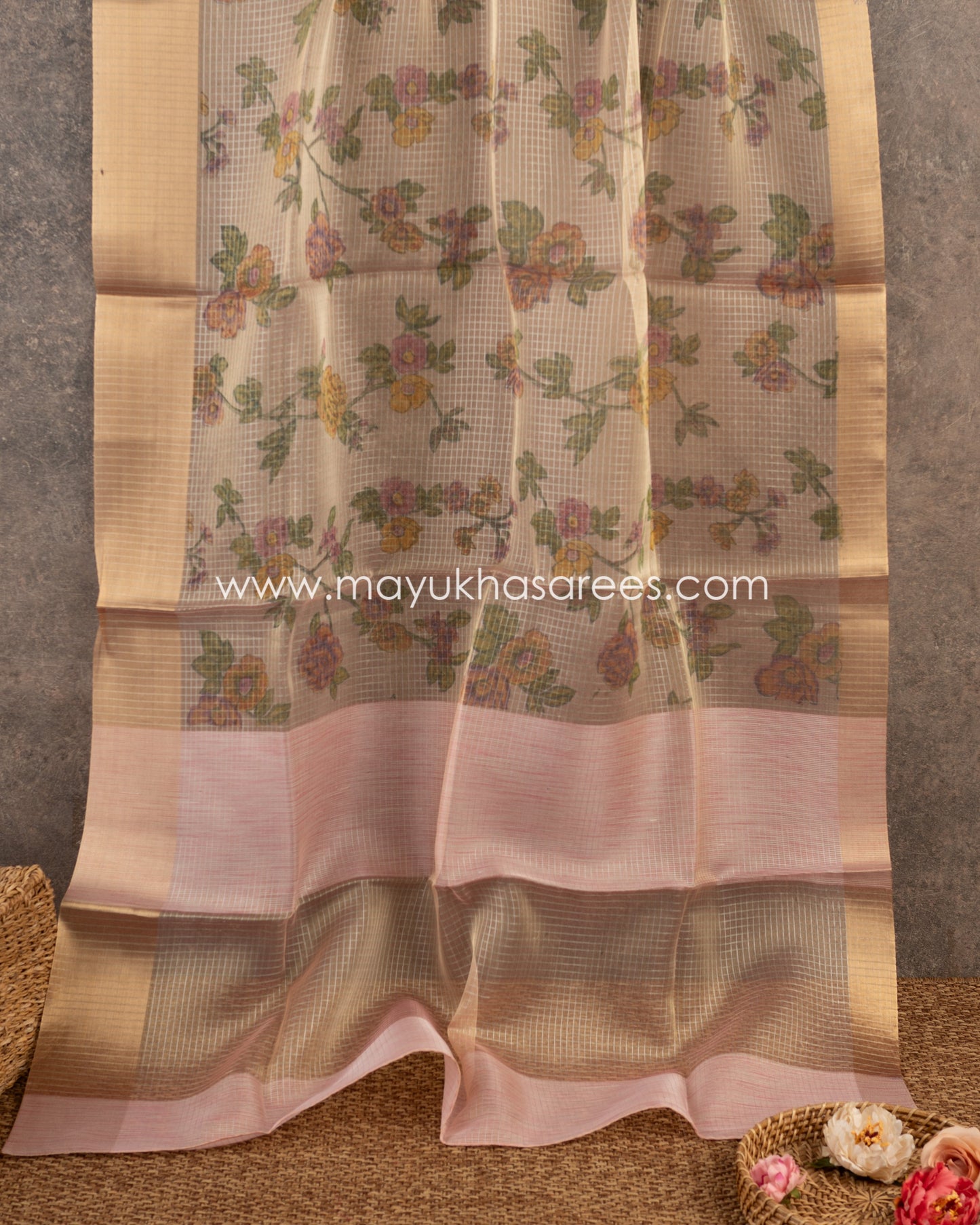 Eternal Bloom: Organza Saree With Floral Prints, Free Shipping And Stitched Blouse In Size 38-61