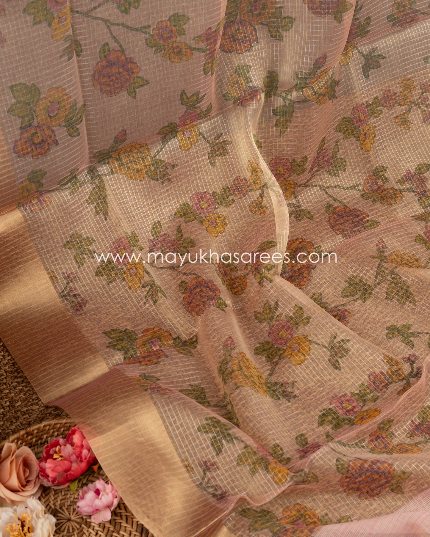 Eternal Bloom: Organza Saree With Floral Prints, Free Shipping And Stitched Blouse In Size 38-61