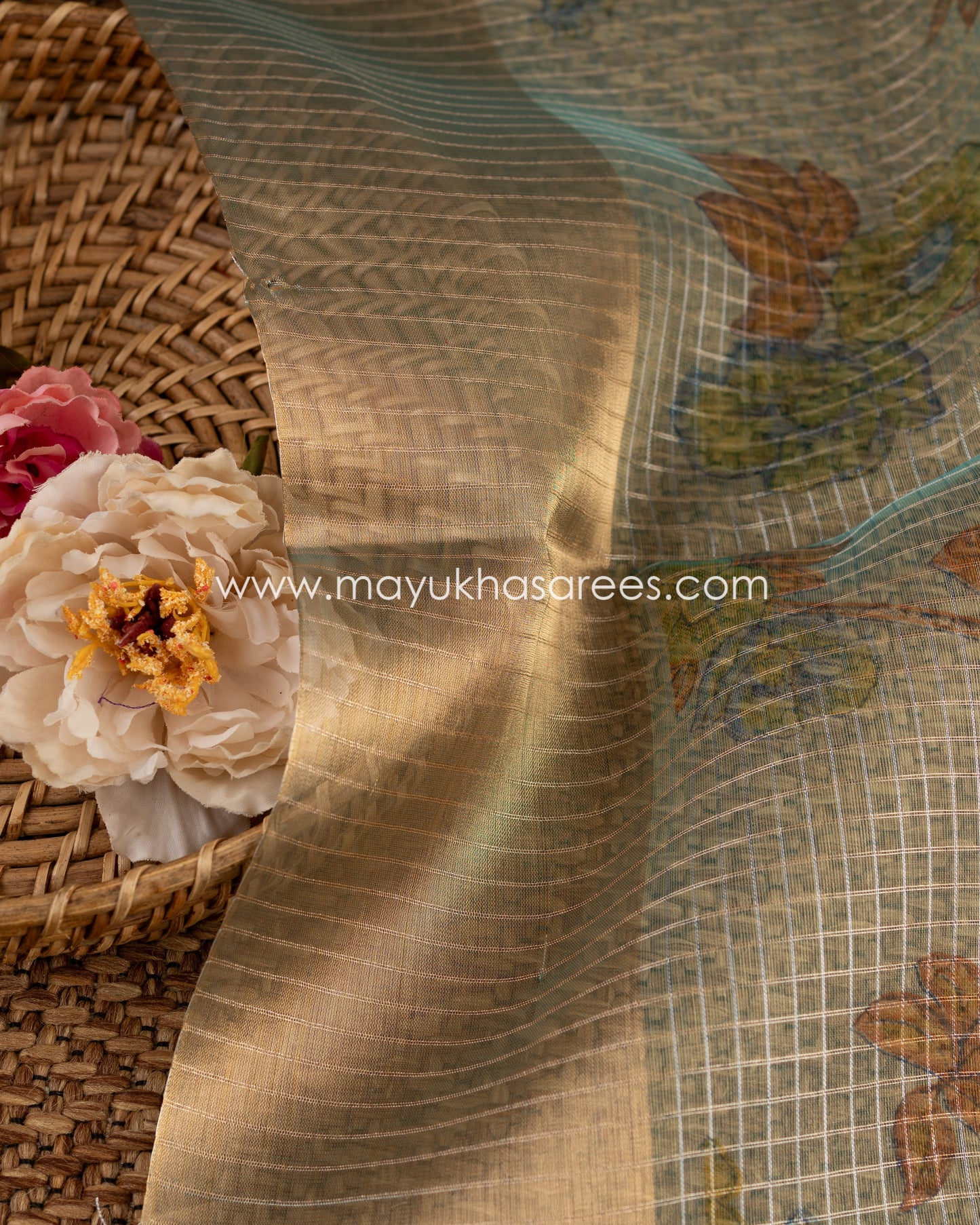 Blossom Radiance: Pure Organza Saree With Floral Prints, Free Shipping And Stitched Blouse In Size 38-62