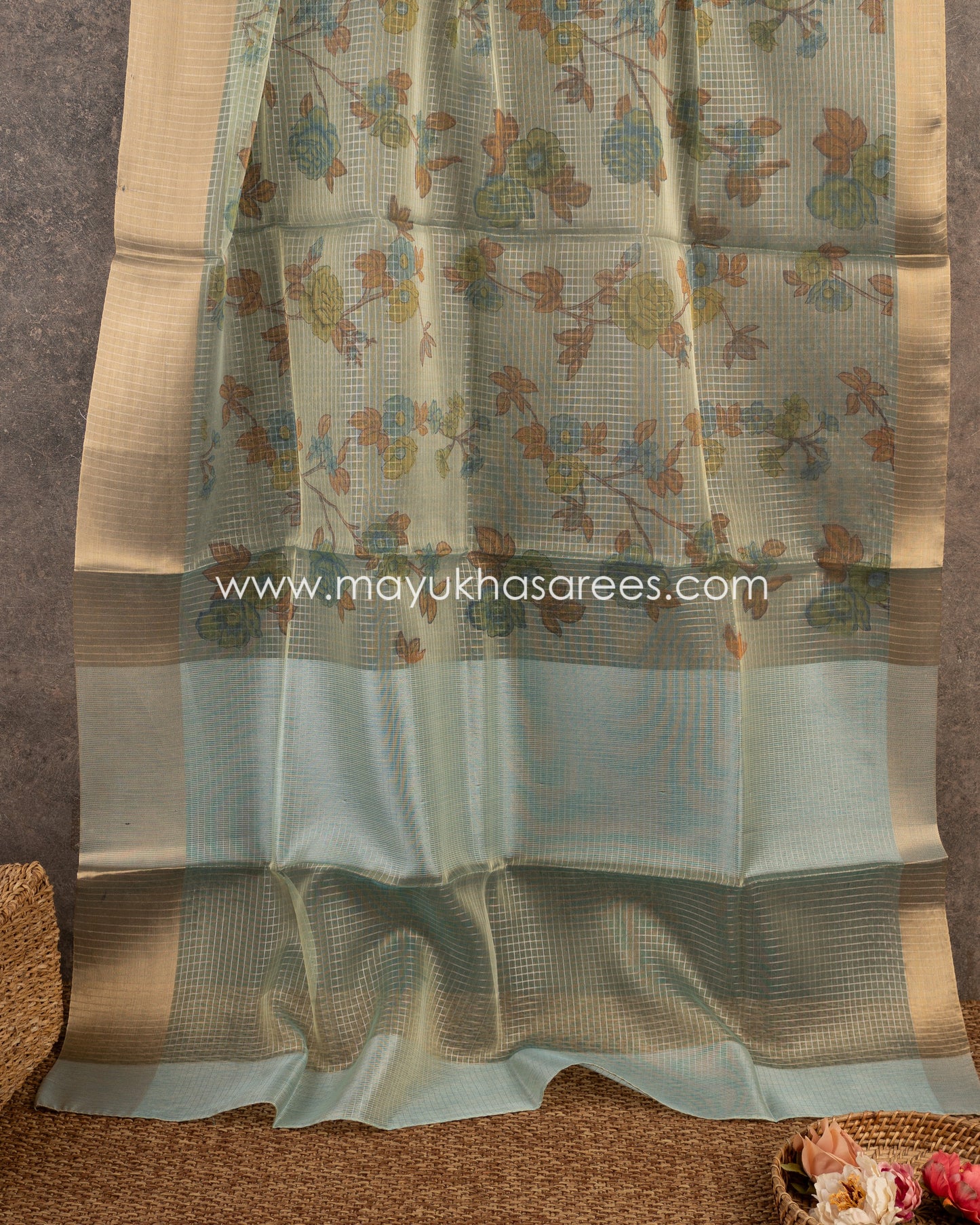 Blossom Radiance: Pure Organza Saree With Floral Prints, Free Shipping And Stitched Blouse In Size 38-62