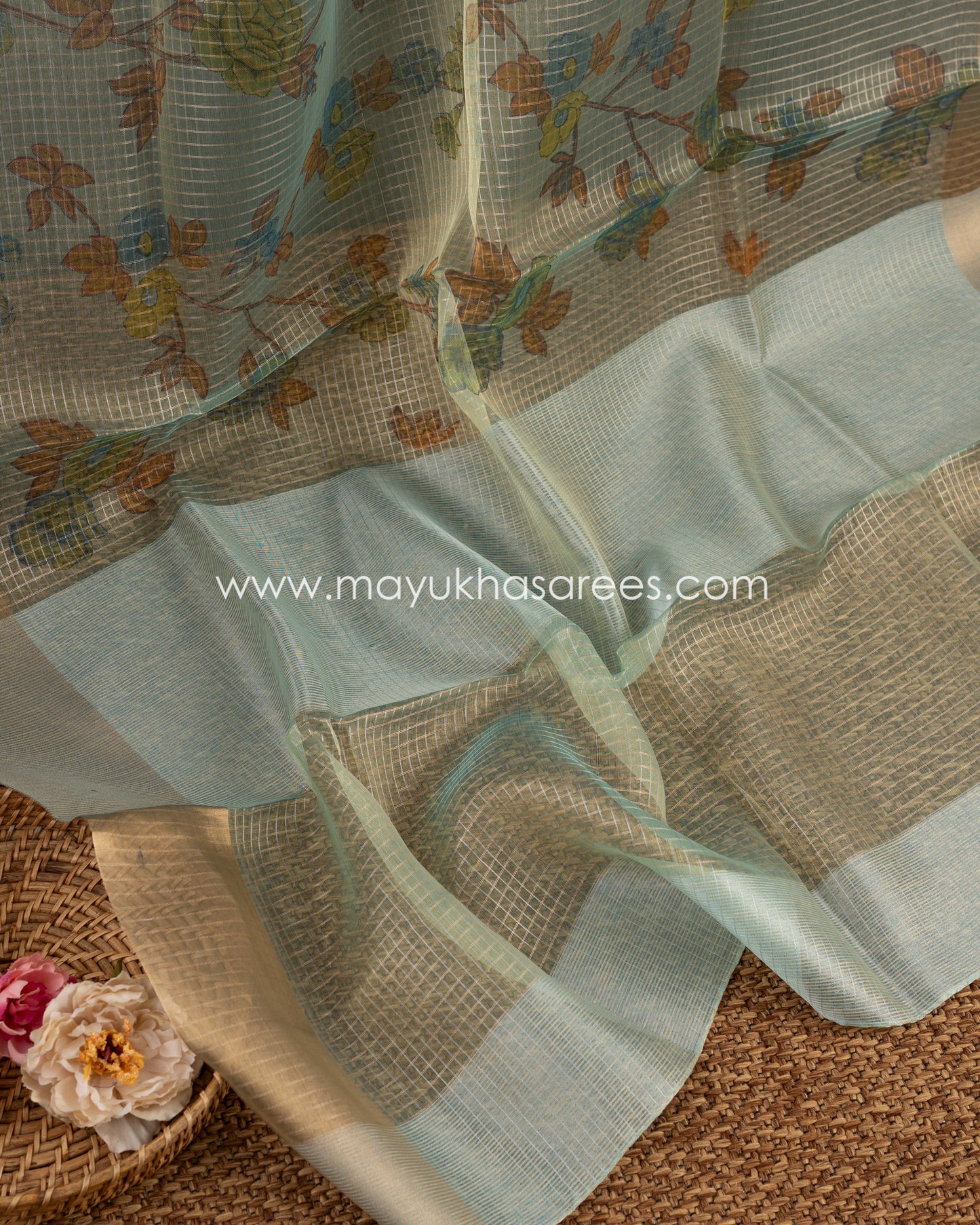 Blossom Radiance: Pure Organza Saree With Floral Prints, Free Shipping And Stitched Blouse In Size 38-62