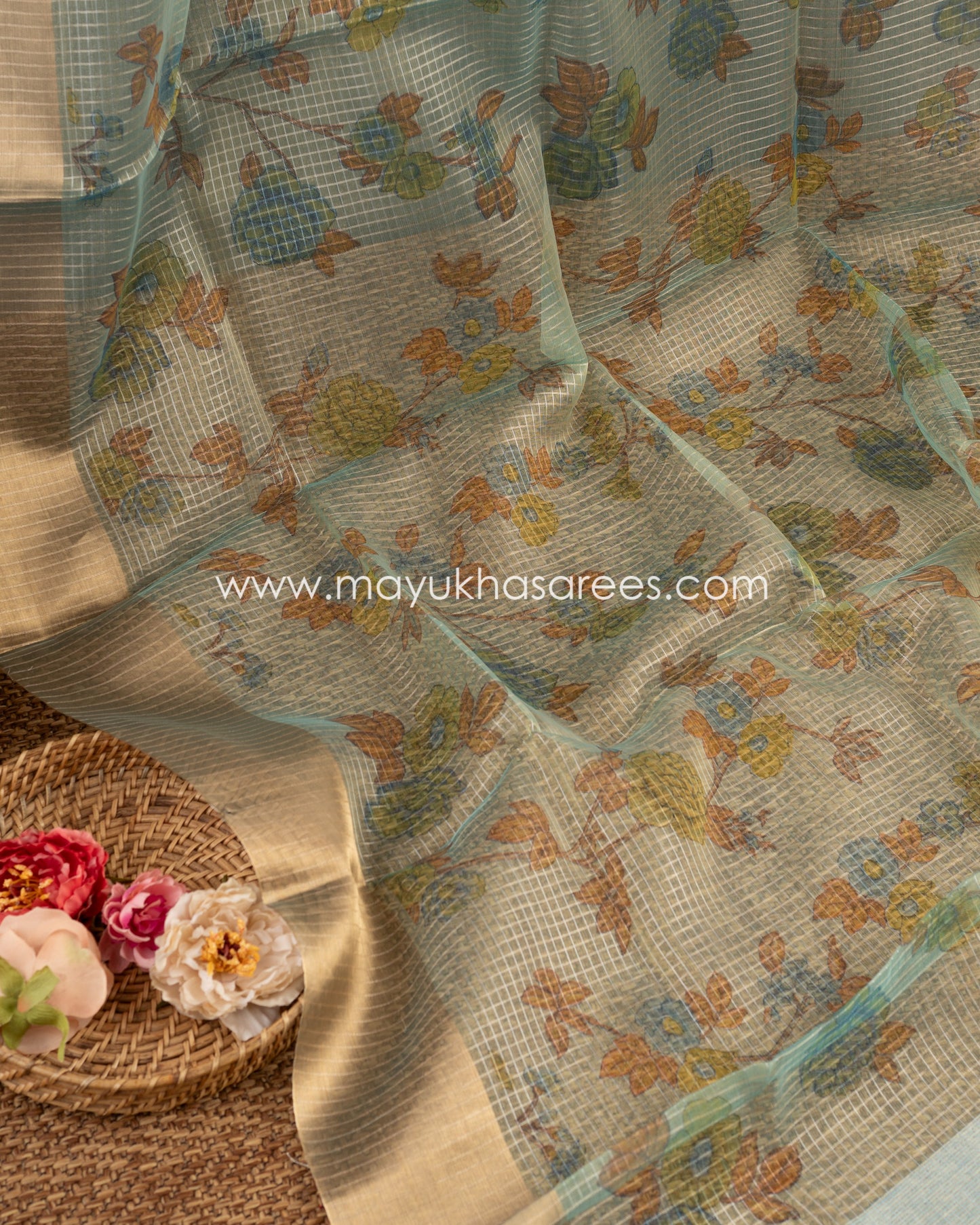 Blossom Radiance: Pure Organza Saree With Floral Prints, Free Shipping And Stitched Blouse In Size 38-62