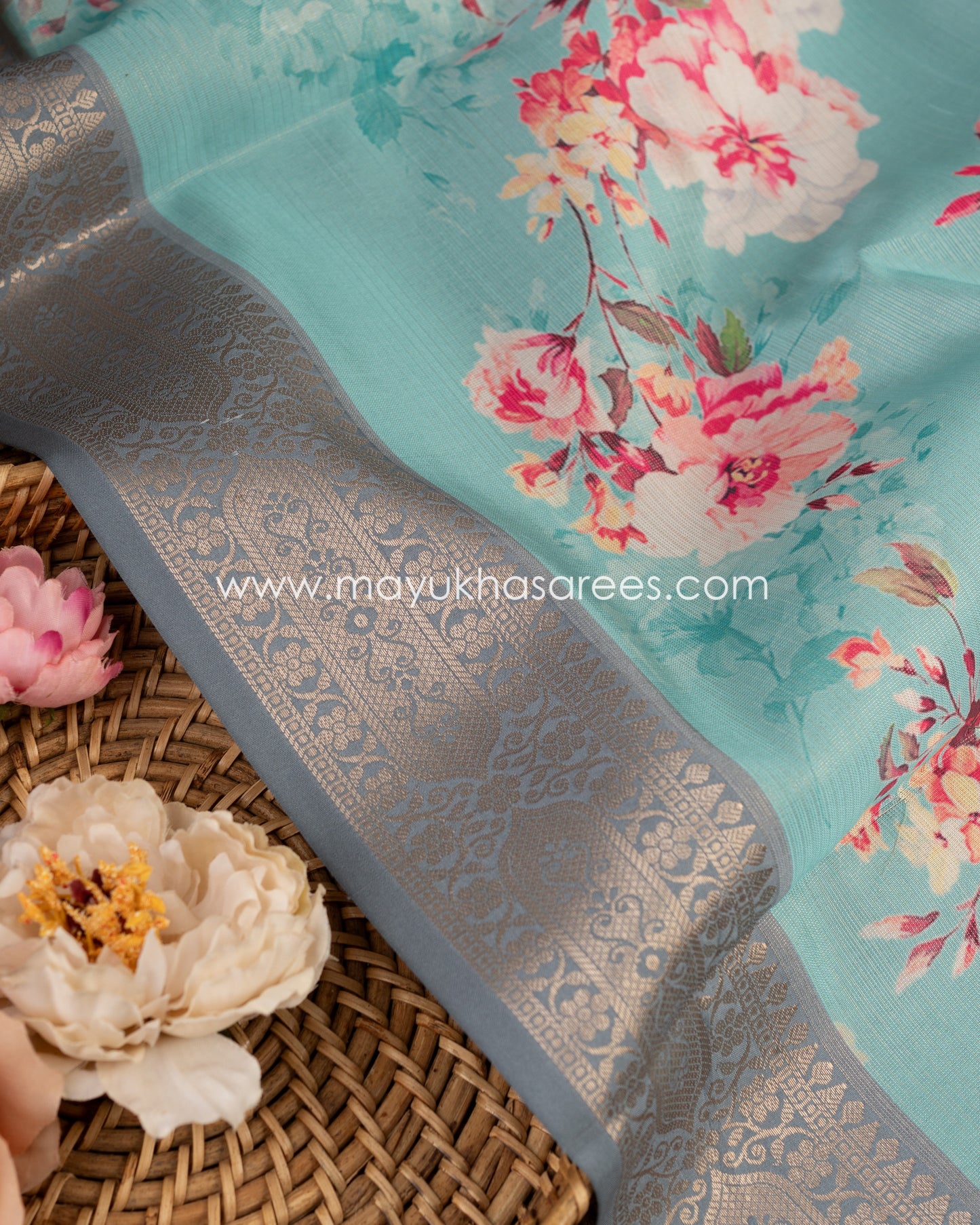 Regal Blooms: Tissue Tassar Banarasi Blend Saree, Floral Prints, Free Shipping And Stitched Blouse In Size 38-63
