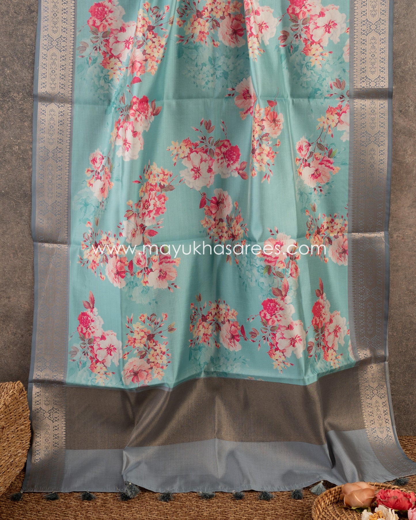 Regal Blooms: Tissue Tassar Banarasi Blend Saree, Floral Prints, Free Shipping And Stitched Blouse In Size 38-63