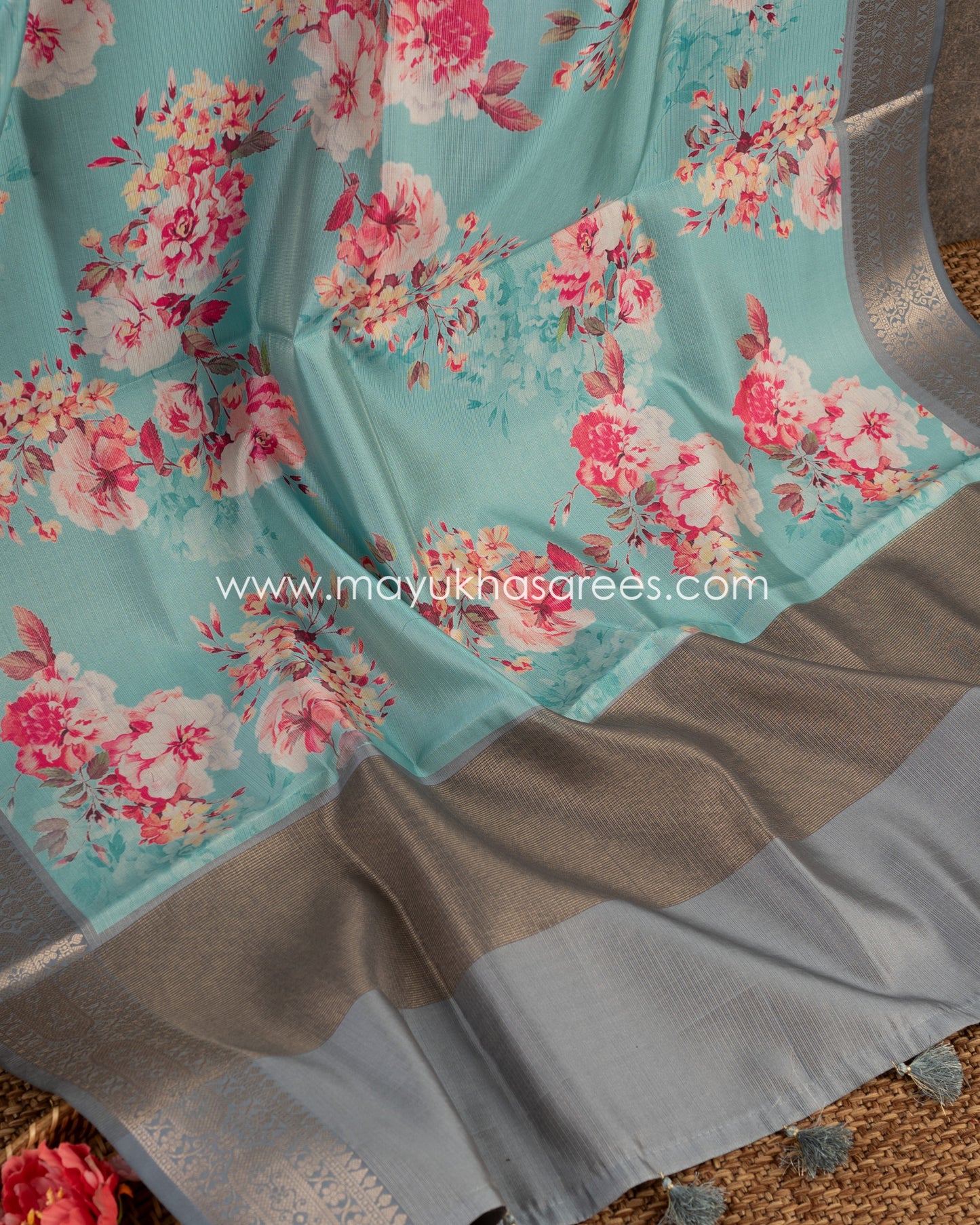 Regal Blooms: Tissue Tassar Banarasi Blend Saree, Floral Prints, Free Shipping And Stitched Blouse In Size 38-63