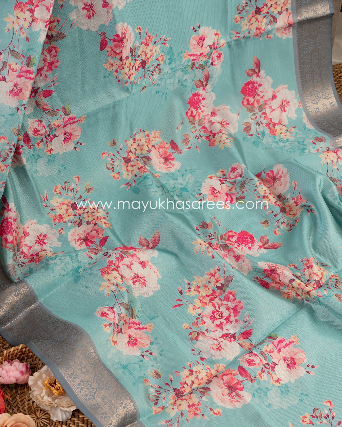 Regal Blooms: Tissue Tassar Banarasi Blend Saree, Floral Prints, Free Shipping And Stitched Blouse In Size 38-63
