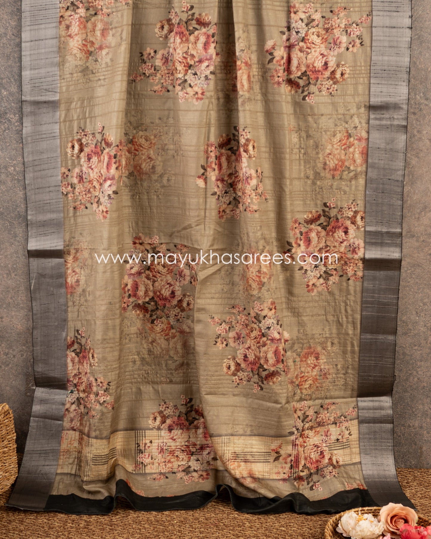 Opulent Florals: Tassar Banarasi Saree, Floral Prints, Free Shipping And Stitched Blouse In Size 38-64