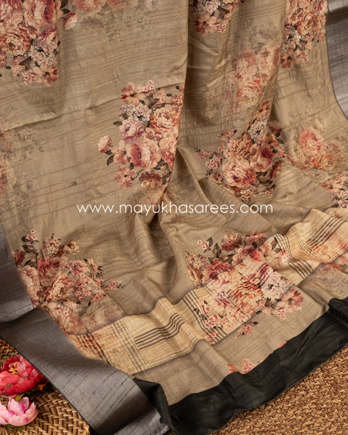 Opulent Florals: Tassar Banarasi Saree, Floral Prints, Free Shipping And Stitched Blouse In Size 38-64