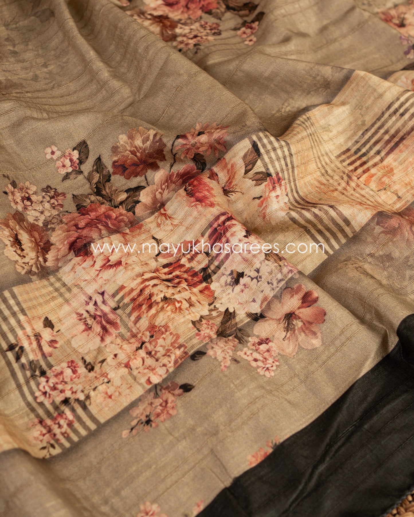 Opulent Florals: Tassar Banarasi Saree, Floral Prints, Free Shipping And Stitched Blouse In Size 38-64