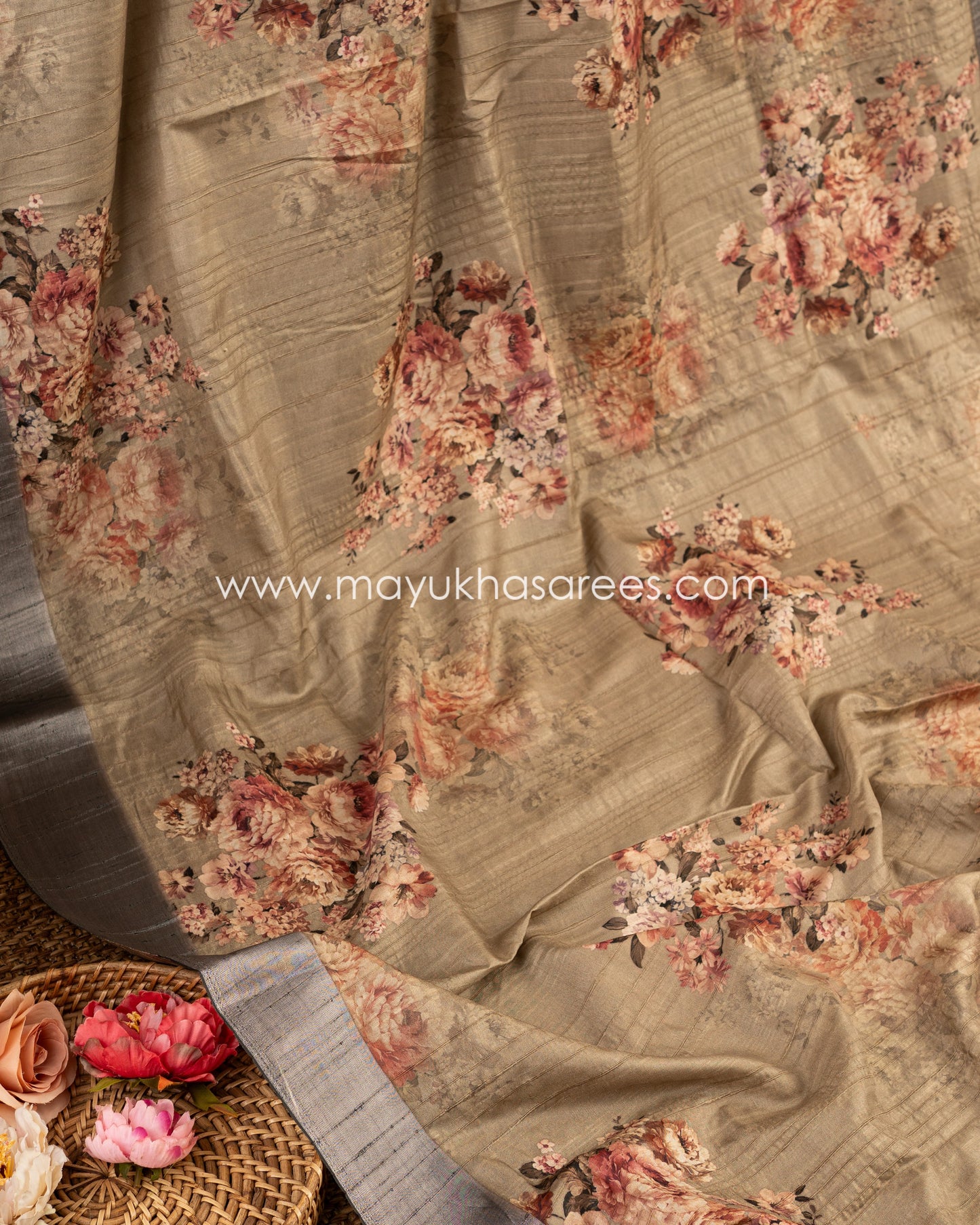 Opulent Florals: Tassar Banarasi Saree, Floral Prints, Free Shipping And Stitched Blouse In Size 38-64