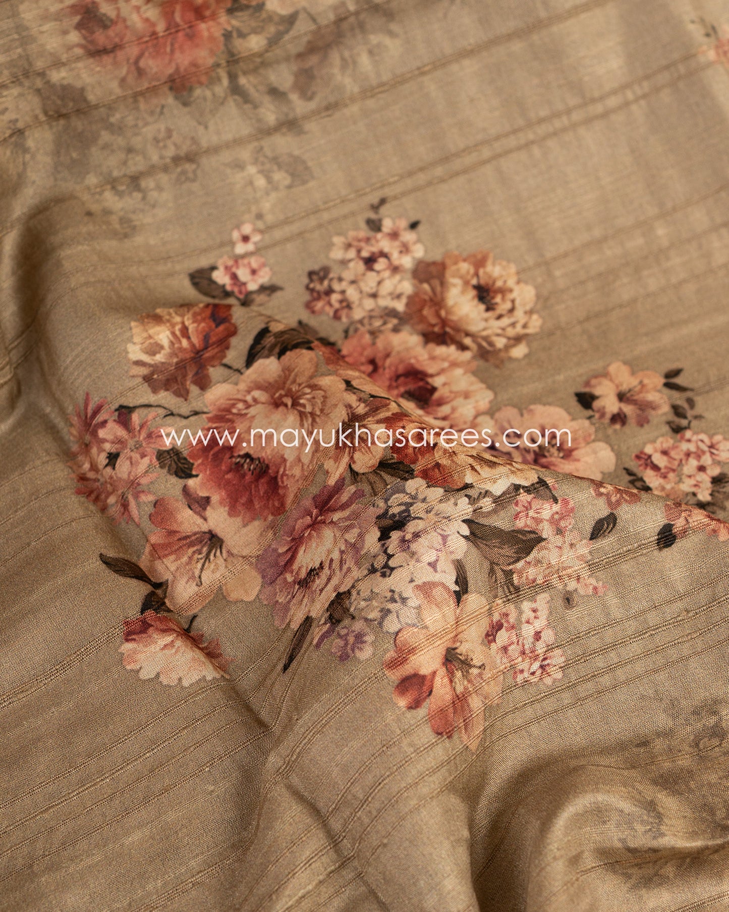 Opulent Florals: Tassar Banarasi Saree, Floral Prints, Free Shipping And Stitched Blouse In Size 38-64