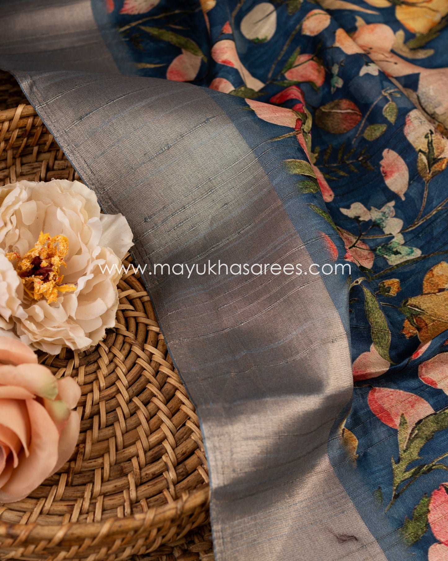 Regal Blooms: Tassar Banarasi Saree, Floral Prints, Free Shipping And Stitched Blouse In Size 38-66