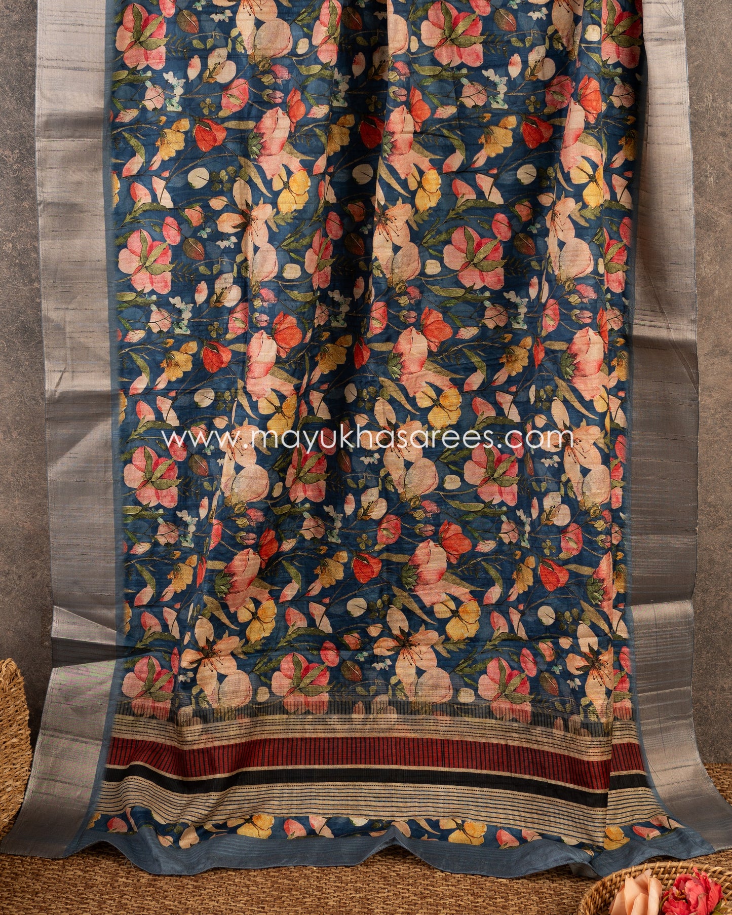Regal Blooms: Tassar Banarasi Saree, Floral Prints, Free Shipping And Stitched Blouse In Size 38-66