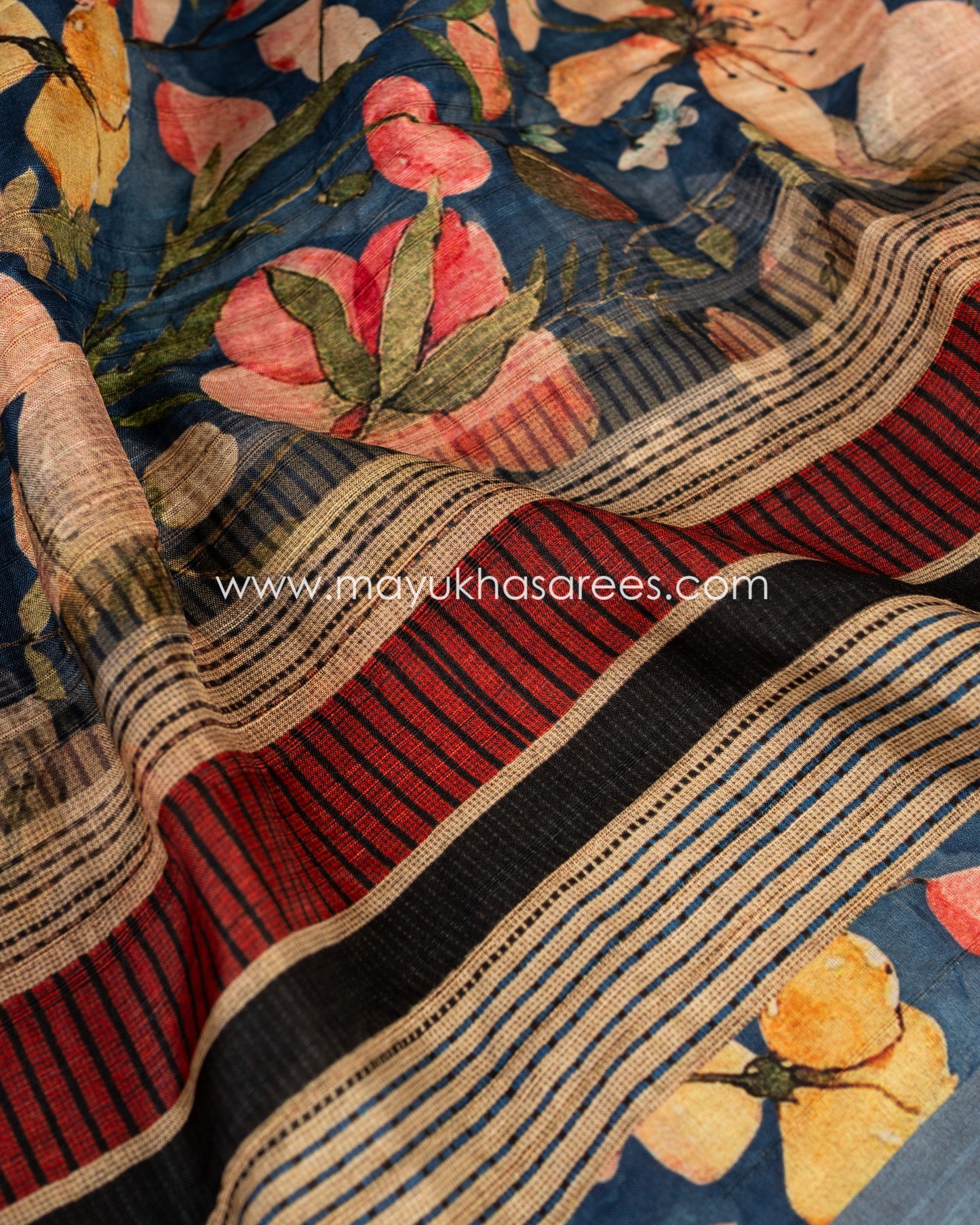 Regal Blooms: Tassar Banarasi Saree, Floral Prints, Free Shipping And Stitched Blouse In Size 38-66