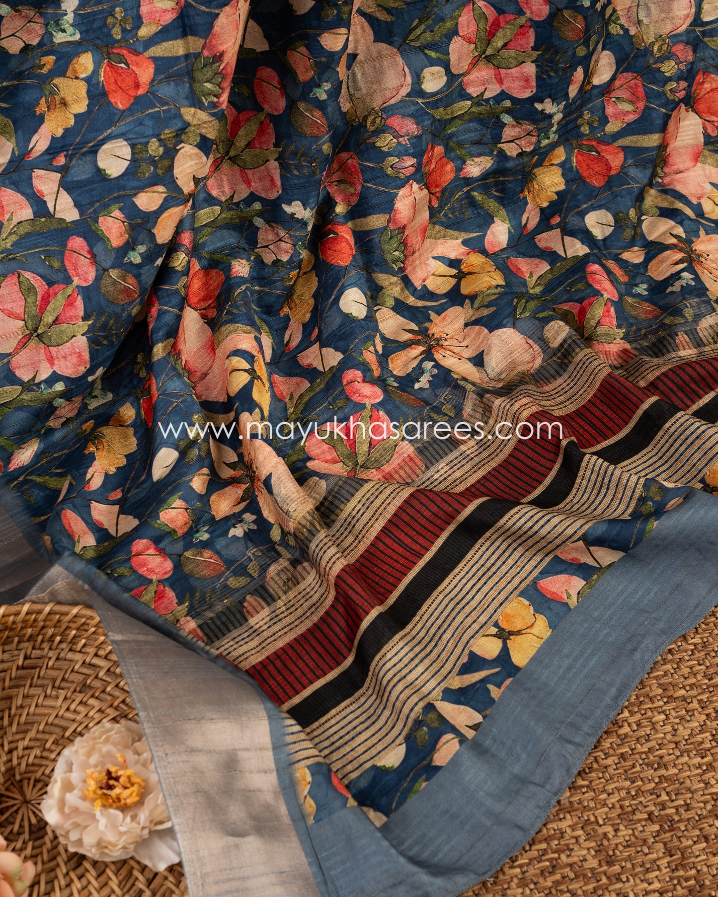 Regal Blooms: Tassar Banarasi Saree, Floral Prints, Free Shipping And Stitched Blouse In Size 38-66