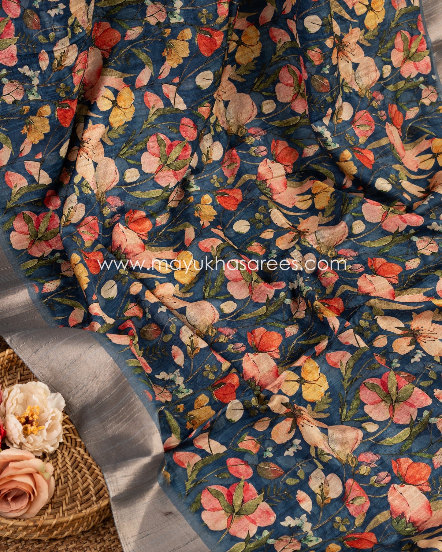 Regal Blooms: Tassar Banarasi Saree, Floral Prints, Free Shipping And Stitched Blouse In Size 38-66